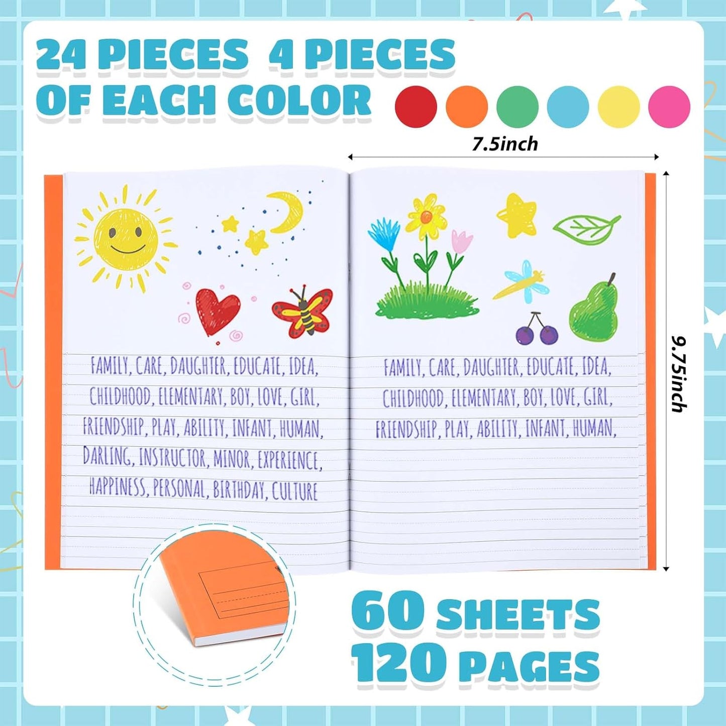 Henoyso 24 Pcs 120 Pages Primary Composition Notebooks K-2 9 3/4 x 7 1/2 Inch Journals Primary Journals Blank Books for Kids to Write Stories Kindergarten (Colorful)