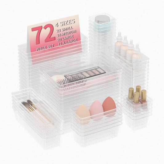 72 PCS Plastic Drawer Organizer Set, 4-Size Clear Bathroom and Vanity Desk Drawer Organizer Trays, Non-Slip Versatile Storage Divider Bins for Makeup Jewelry Bedroom Office Kitchen Gadgets