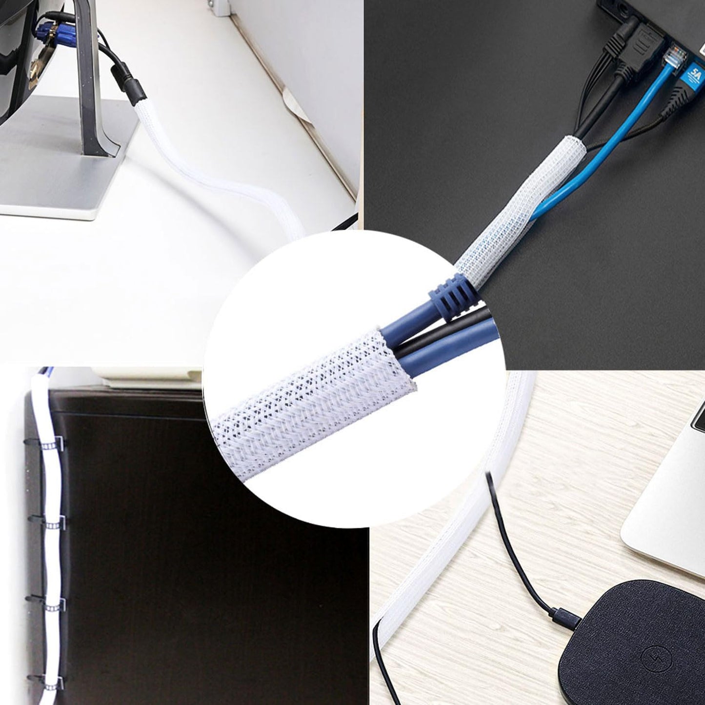 25ft 1 Inch White Cable Sleeve – Split Wire Loom Tubing Cord Protector – Flame Retardant Polyester Cable Cover for Desk, TV, PC Setup – Protects Cords from Pets & Organizes Wires