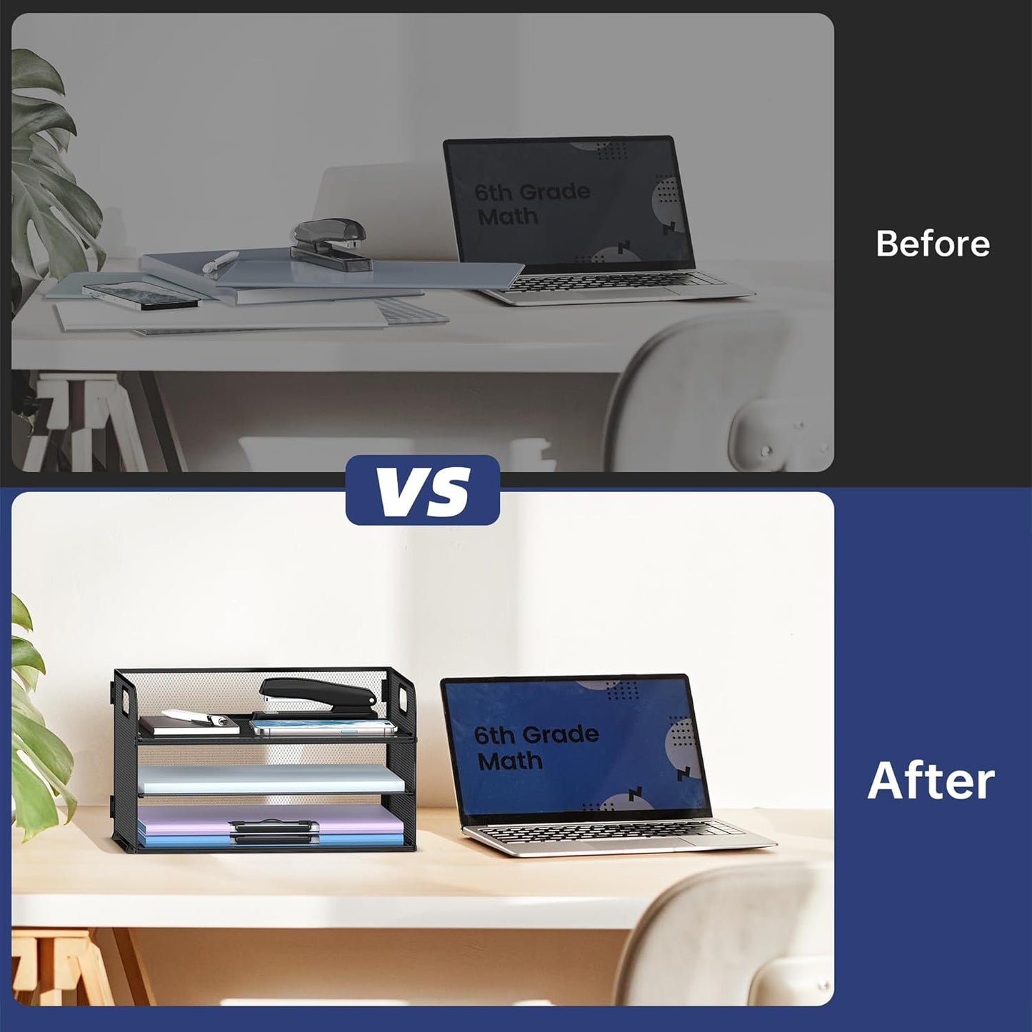 Supeasy 3 Tier Paper Organizer with Handle, Mesh Desk Organizer Letter Tray, Paper Tray File Organizer for A4 File Folder, Black, 2 Pack