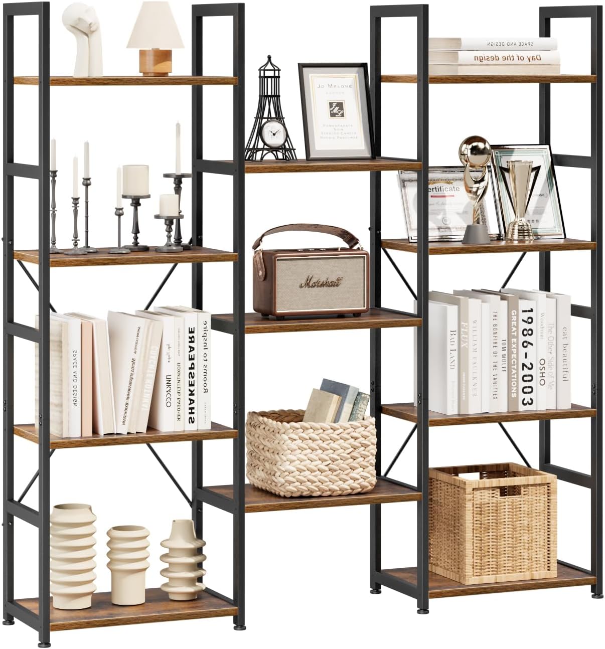 NUMENN Triple Column 4 Tier Bookshelf, Bookcase with 11 Open Display Shelves, Adjustable Rustic Industrial Style Book Shelves, Modern Bookshelves for Bedroom, Living Room and Home Office, Vintage