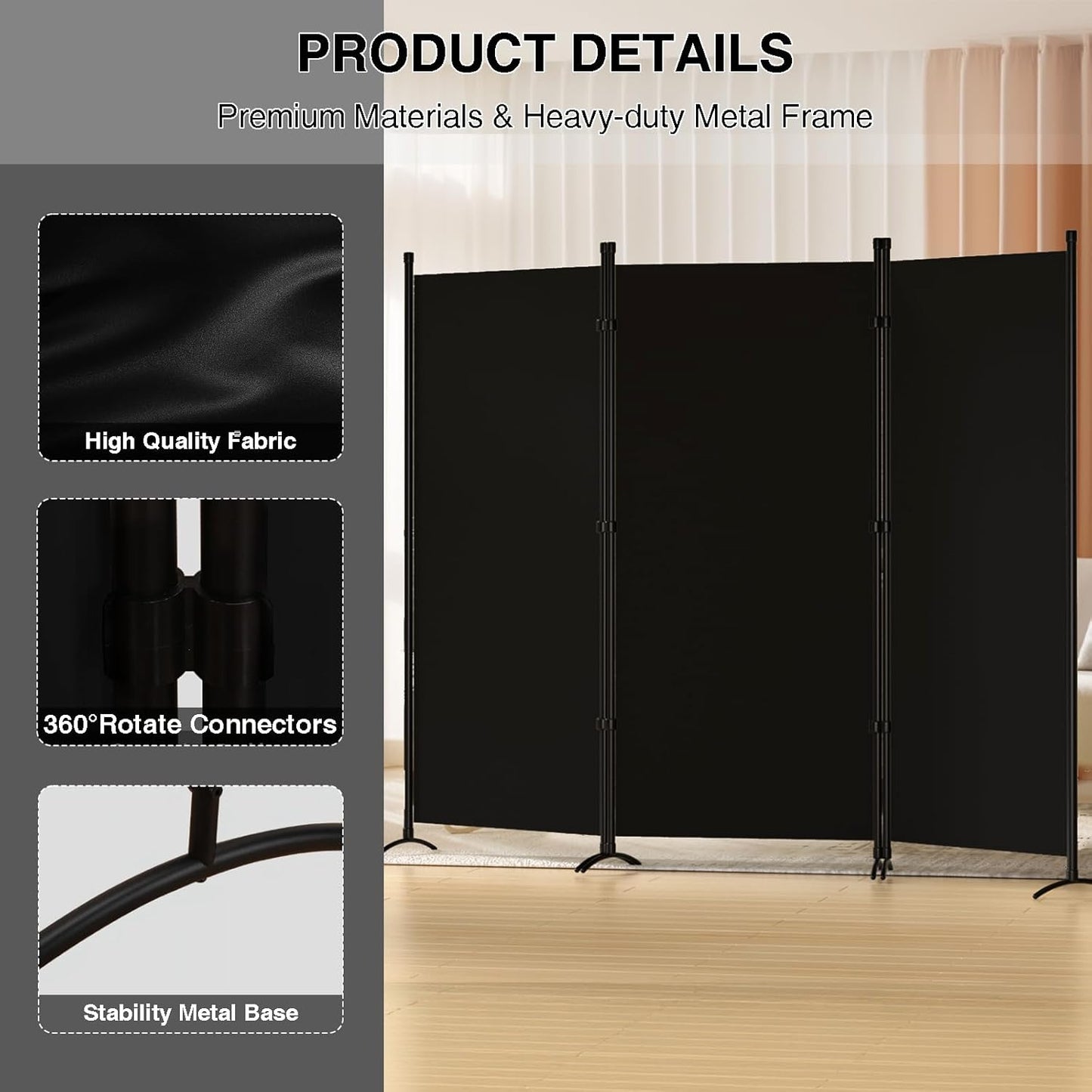 Room Divider 3-Panel Privacy Screen, Portable Screen Steel Frame with Hook&Loop for Home, Office, Classroom, Studio, Meeting (Black