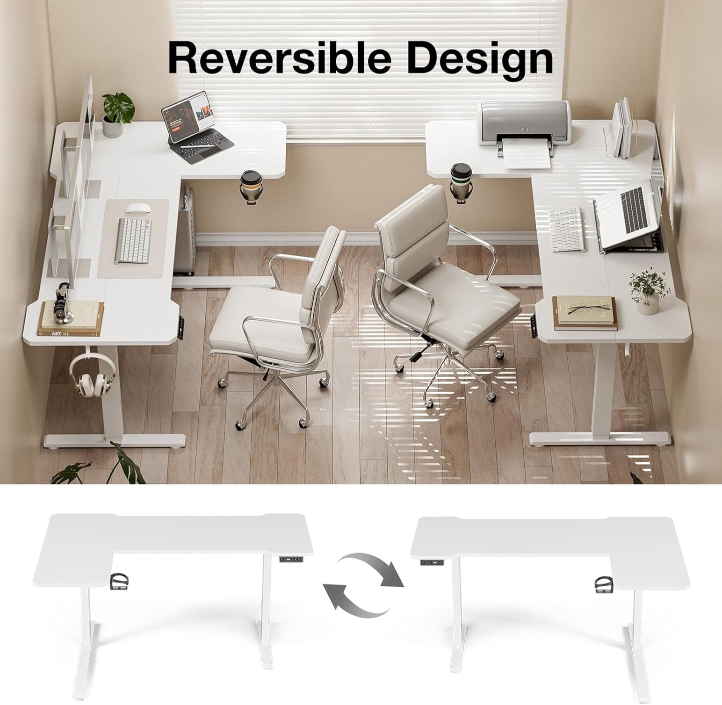 59 Inch L Shaped Standing Desk Adjustable Height, Electric Corner Standing Desk, Sit Stand Computer Table with Reversiable Splice Board,White