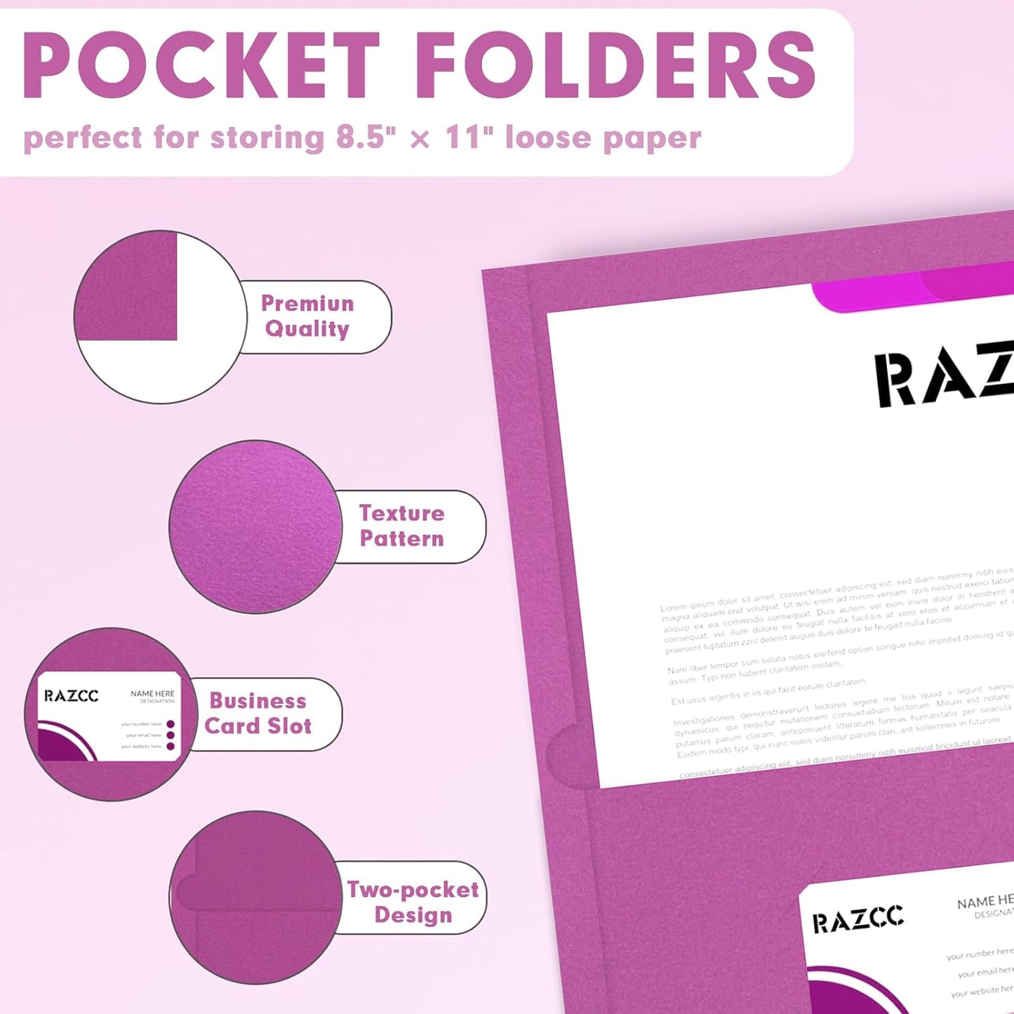 Two Pocket Folders, RAZCC 50 Pack 2 Pocket Folders Fit Letter Size Paper, Paper Folders with Pockets for School Office Business Home, Rose Purple
