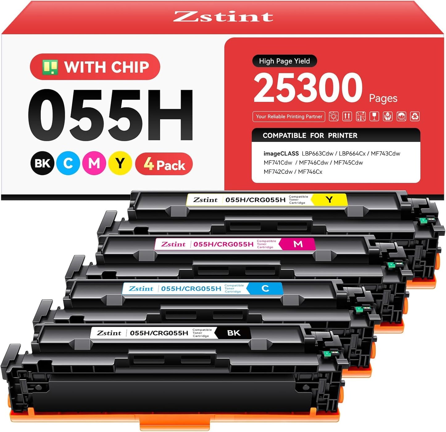 055H Toner Cartridge 4-Pack High Yield with Chip Replacement for Canon 055H 055 Toner Cartridges Compatible with Canon imageCLASS LBP663Cdw LBP664Cx MF743Cdw MF741Cdw MF746Cdw MF745Cdw Laser Printers