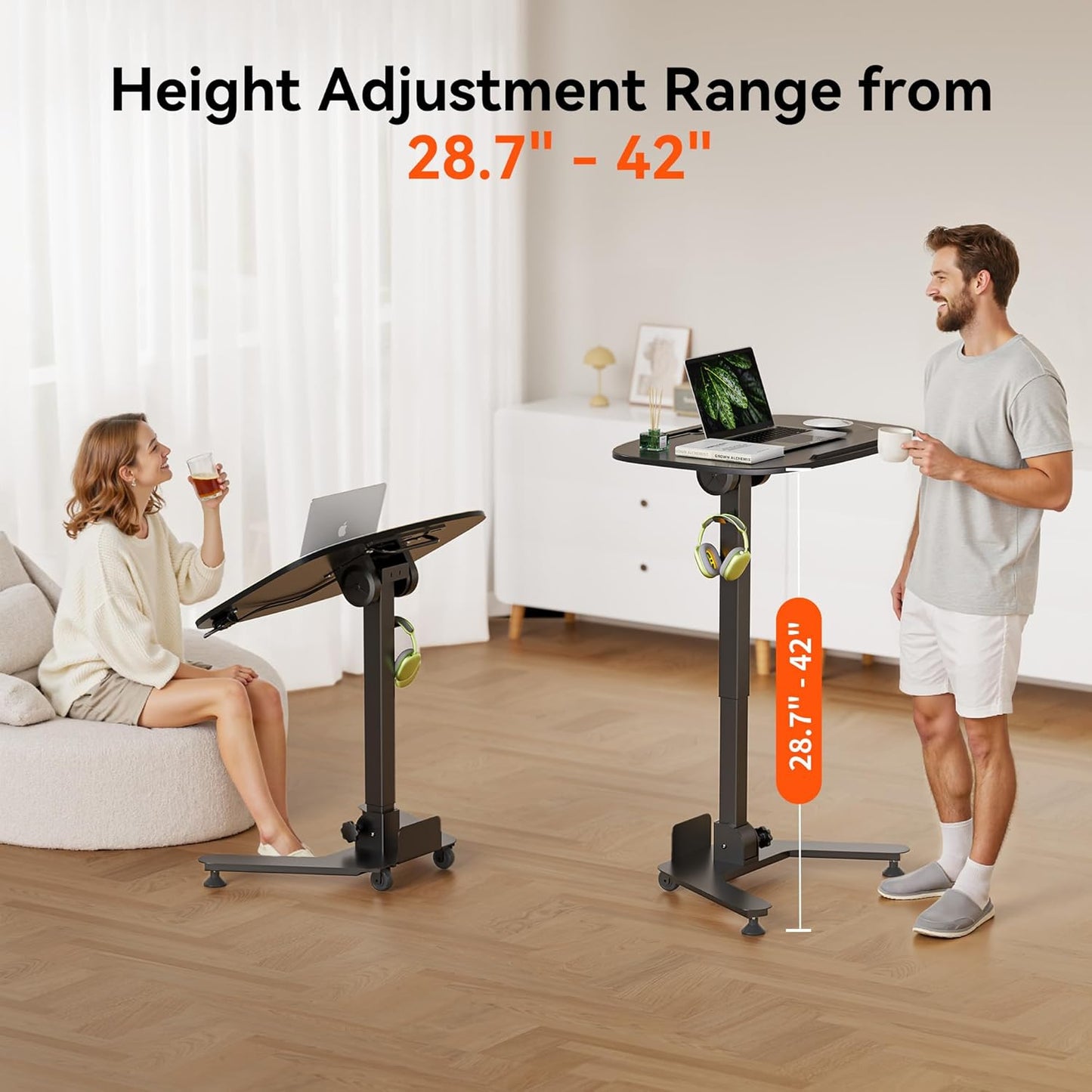Foldable Pneumatic Height Adjustable Mobile Standing Desk with 90° Tiltable Tabletop, 27.2x18.9 Inch Portable Laptop Desk with Wheels, Holds Up to 66.1lbs for Home Office, Study, Black