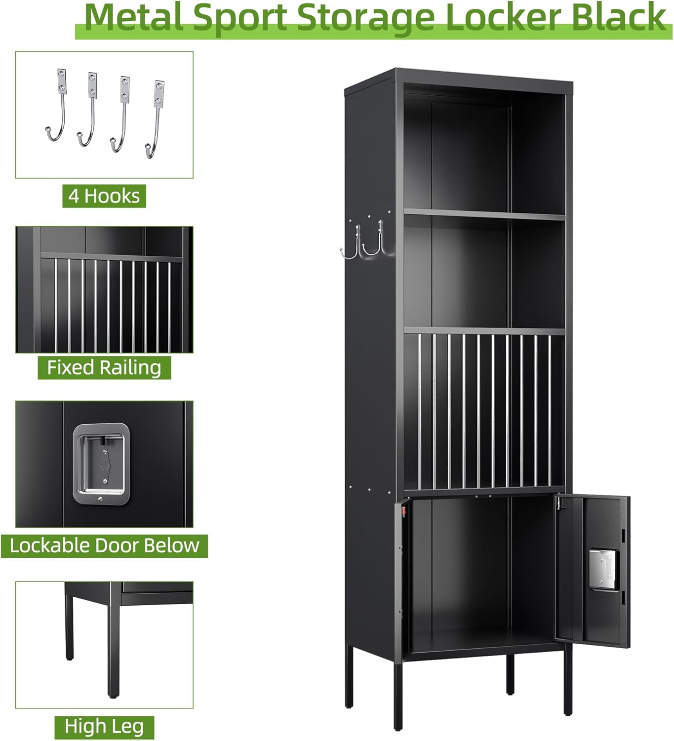 Aobabo 72" H Metal Storage Locker for Gym, for Stores Sports Gear Footballs, Rugby Balls and Tennis, Open Storage Locker with Hooks for School, Gym, Black, Assembly Required