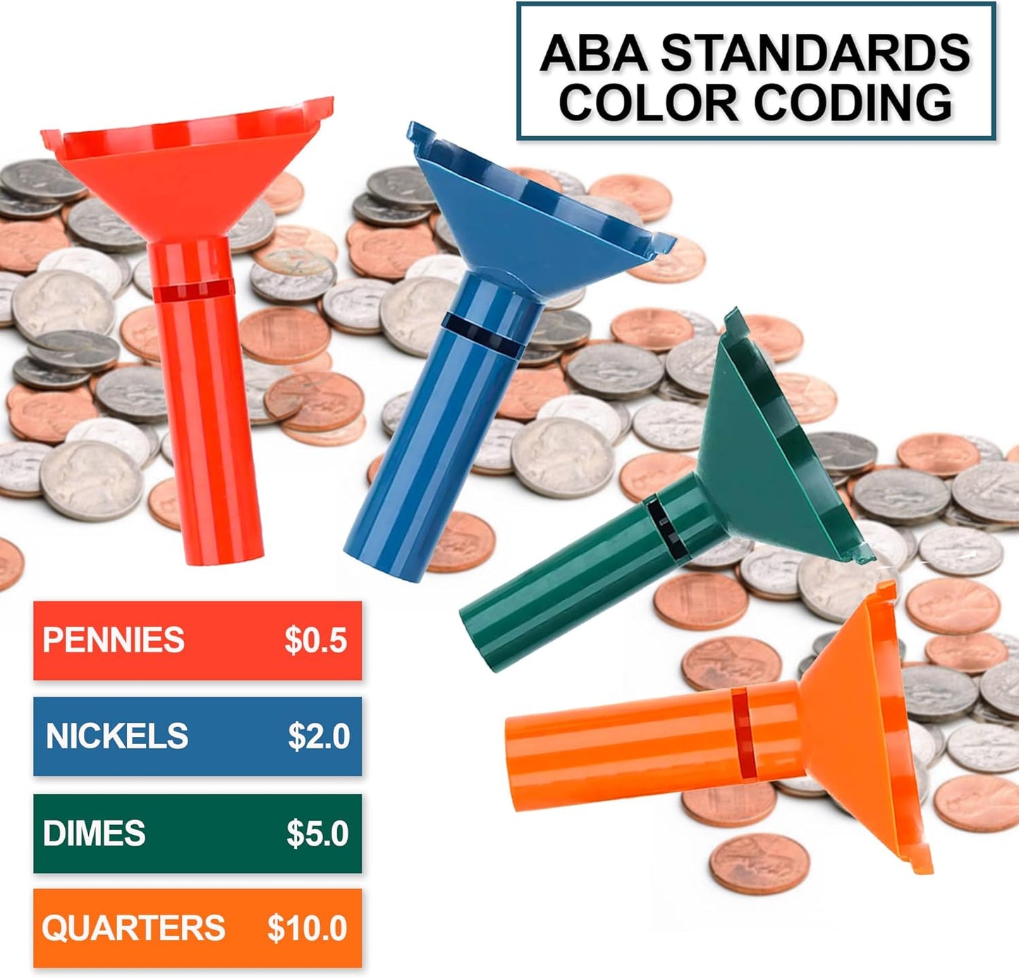 PM Company Color-Coded Coin Counting Tube with 150 Assorted Flat Coin Wrappers for Pennies Through Quarters (05032), Blue; Green;Orange;red, Set of 4