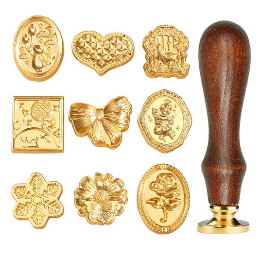 Wax Seal Stamp Kit- 9Pcs Vintage Brass Sealing Wax Stamps Head with Wooden Handle for Gift Wedding Invitations Cards Envelopes Seals(Heart,Bunny,Rose, Bowknot,Balloon,Sunflower,Angel,Snowflake,Window)
