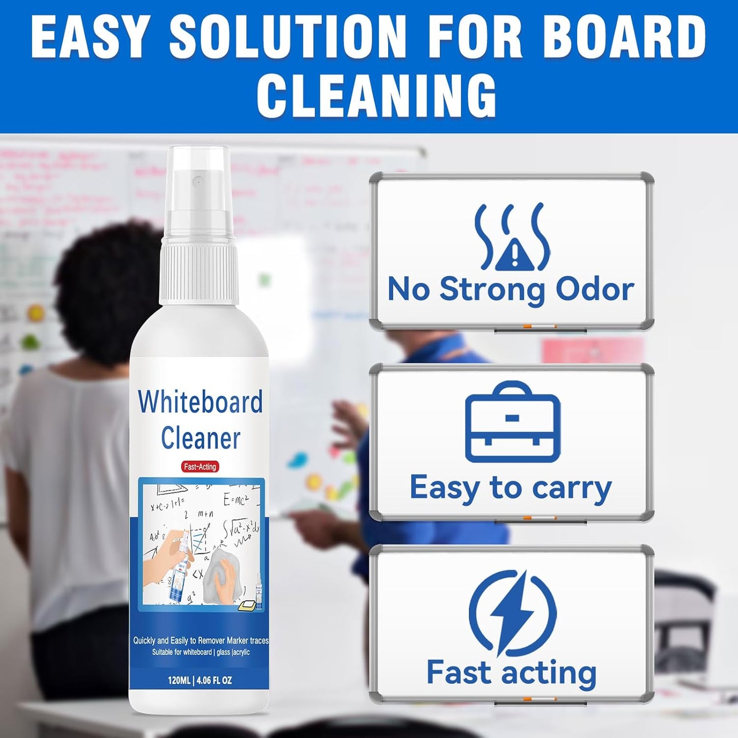 Whiteboard Cleaner, Low-Odor Dry Erase Board Cleaner with Cloth, White Board Cleaning Spray for Classroom, Home and Office Use, Removes Marks from Whiteboards, 4.06oz