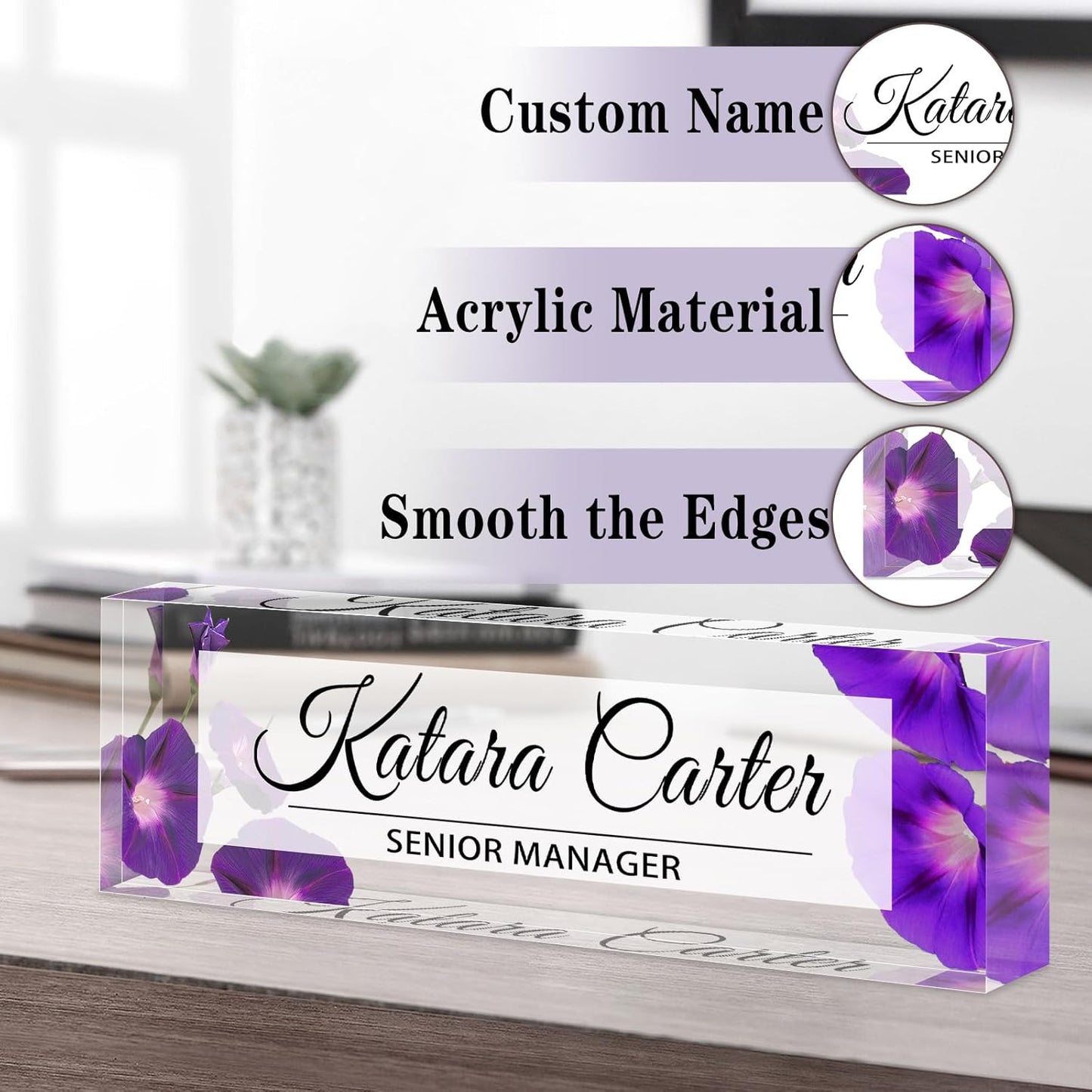Name Plate for Desk Personalized, Acrylic Desk Decorations, Employee Appreciation Gifts, Custom Office Gifts for Coworkers, Boss, Teacher, Nurse (Morning Glory)