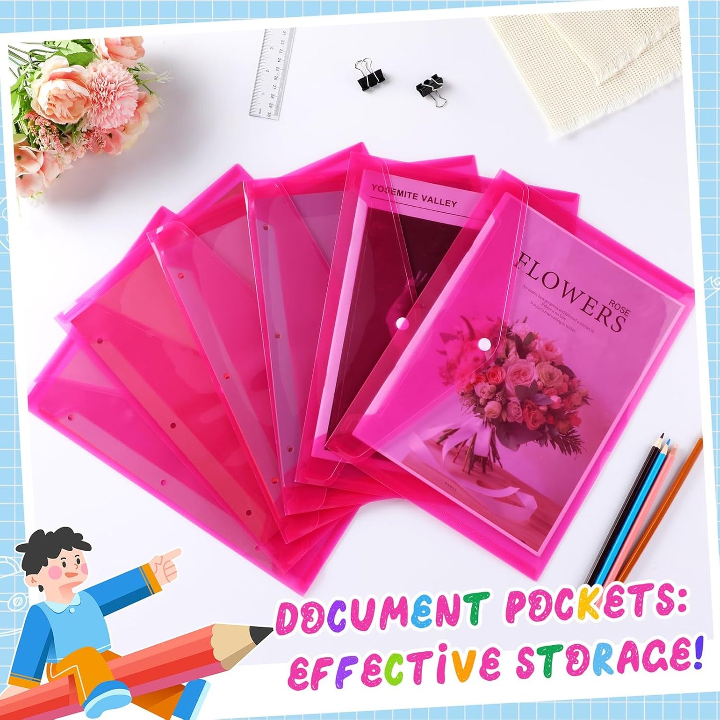 100 Pcs Clear Envelopes with Snap Button Closure Bulk A4 Letter Size Clear Plastic Envelope Folder Document Organizer File Folders for Office Home(Pink)
