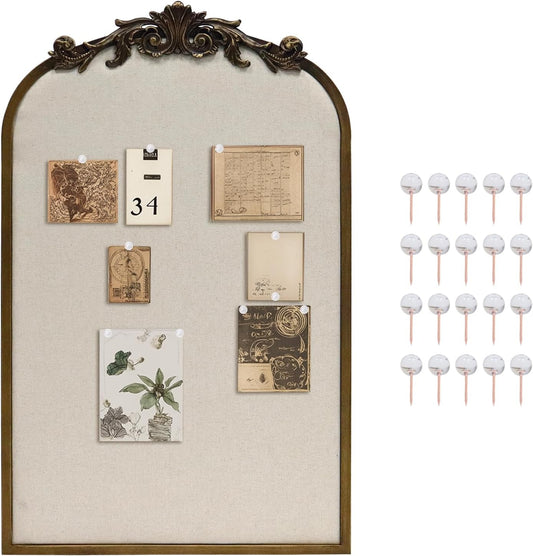 Arch Fabric Pinboard, Antique Gold Bulletin Boards 19"x31", Vintage Cork Board with Ornate Iron Frame for Wall Unique Display, Organization and Decor Options