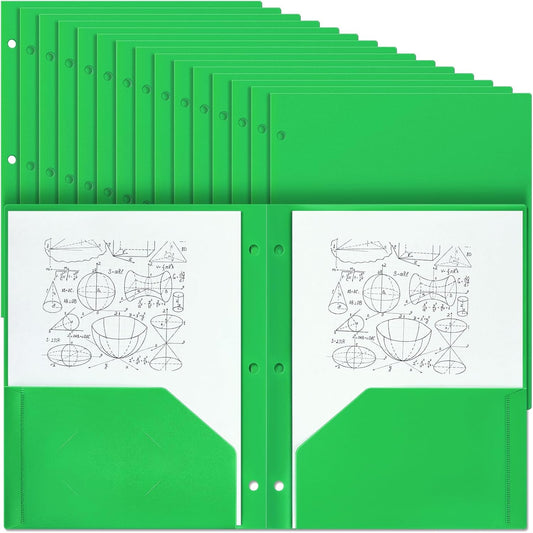 Yeaqee 50 Pcs Plastic Folders with Pockets Bulk 3 Hole Punched 2 Pocket File Folders for 3 Ring Binder Divider Folder for Notebooks, Durable Poly for Office Home (Green)