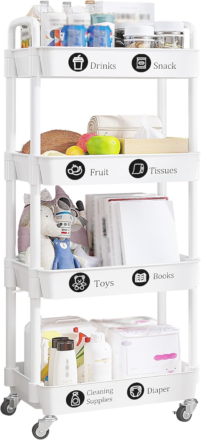 UDEAR 4-Tier Rolling Utility Cart with 12 Category Labels,Multifunctional Storage Shelves with Handle and Lockable Wheels for Room,Office,Kitchen,Bathroom,White