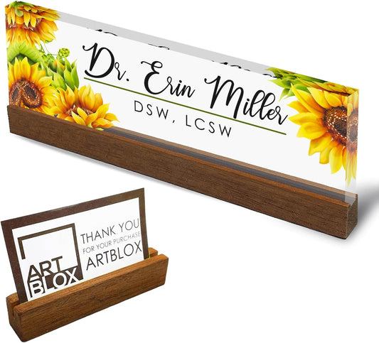 Artblox Personalized Office Desk Name Plate and Business Card Holder | Clear Acrylic Glass with Teak Wood Stand | Sunflowers Design Customized with Your Name and Credentials Office Desk Decor