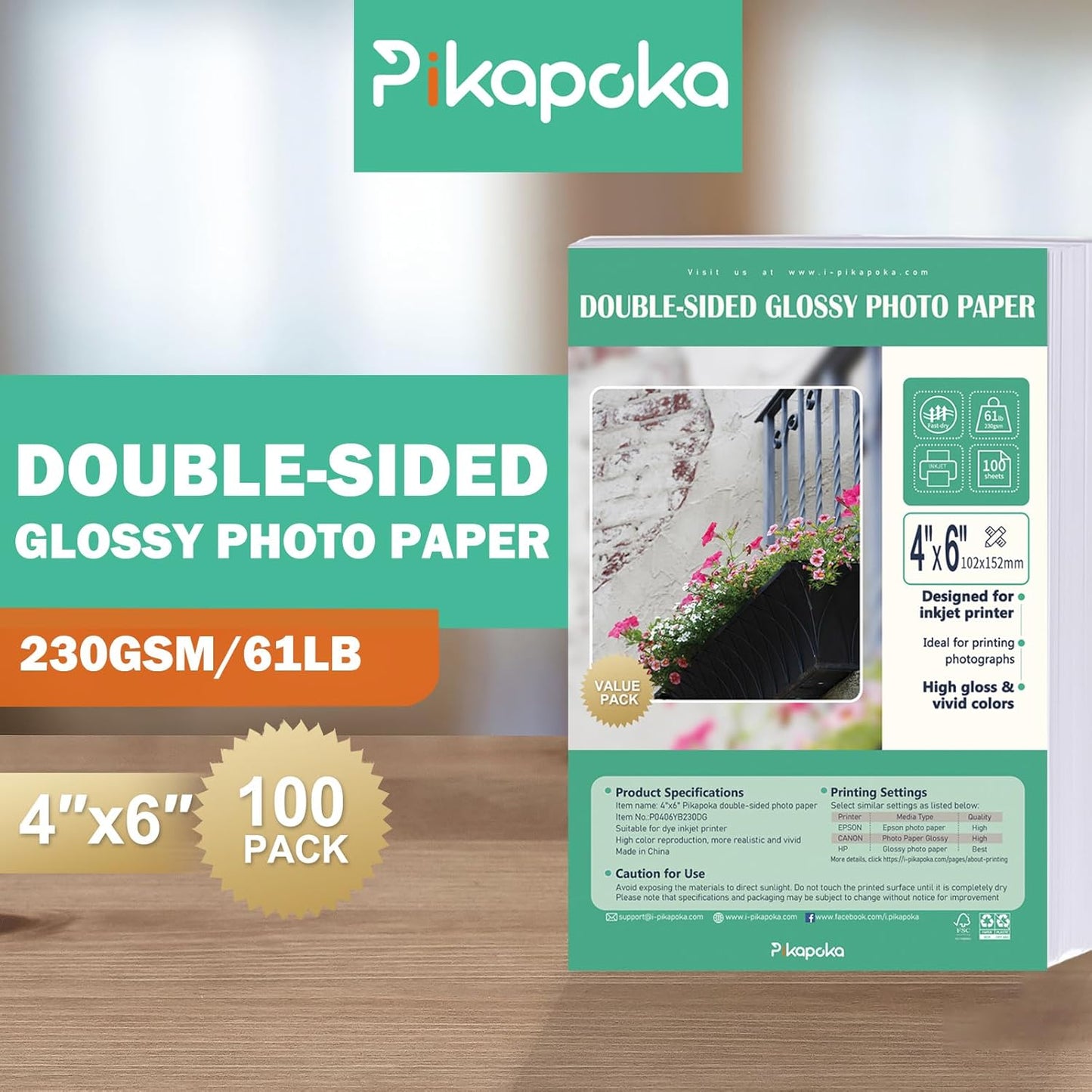 Double Sided Glossy Photo Paper 4x6, Thick Glossy Paper for Cardstock, 100 Sheets 61lb for Inkjet Printer