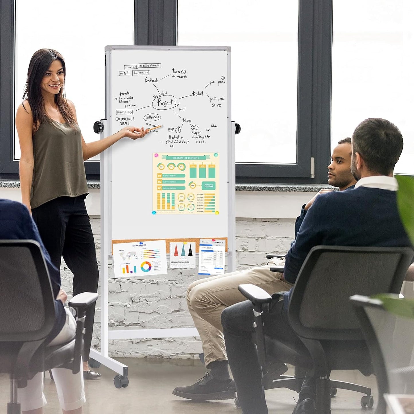 maxtek Rolling White Board, 44x28 Inches Magnetic Cork Board Combo, Portable Double-Sided Dry Erase Board on Wheels, Height Adjutable Easel Board for Home, School, Office