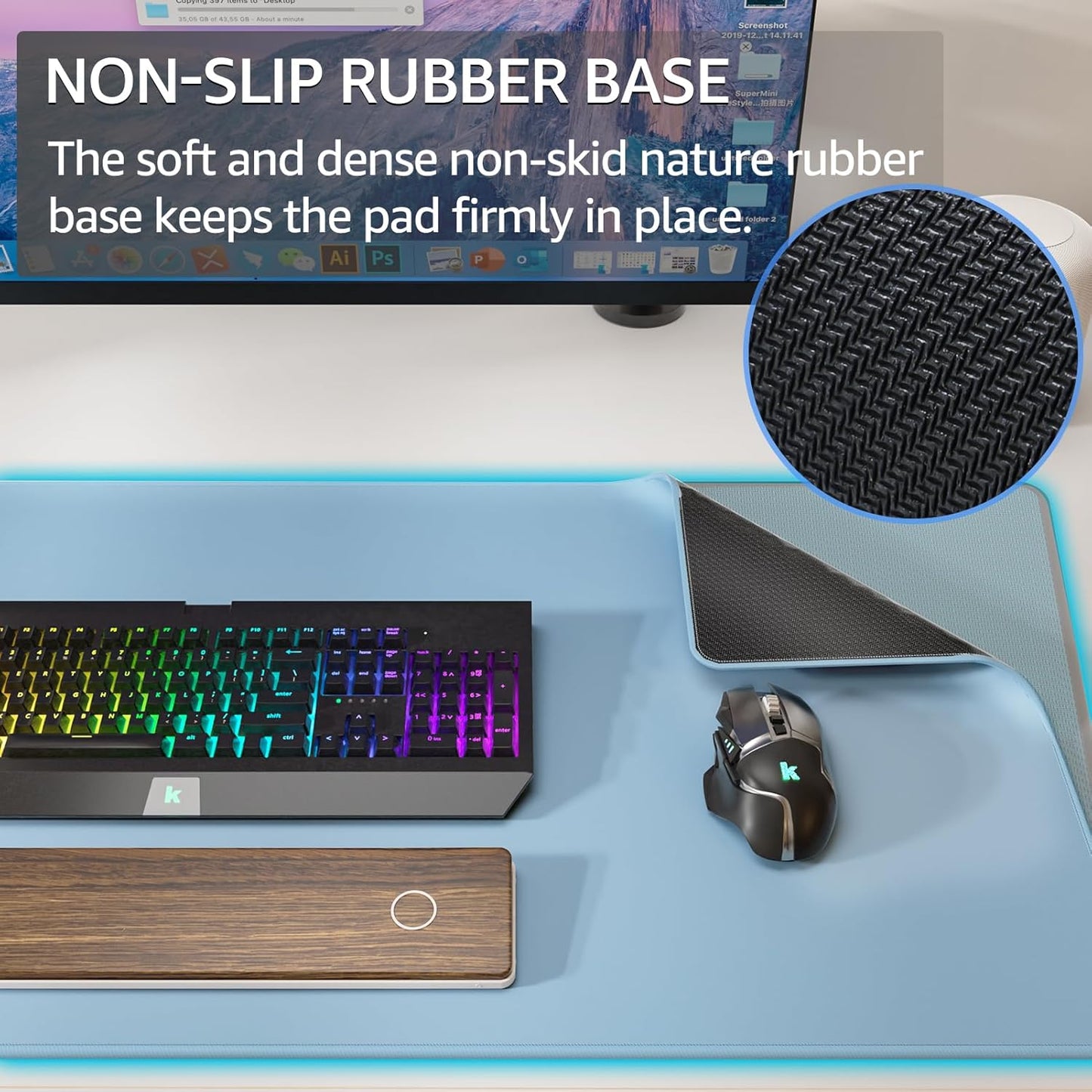 KTRIO Large Gaming Mouse Pad with Stitched Edges, Extended Mousepad with Superior Micro-Weave Cloth, Non-Slip Base, Water Resist Keyboard Pad for Gamer, Office & Home, 31.5x15.7in, Ice Blue