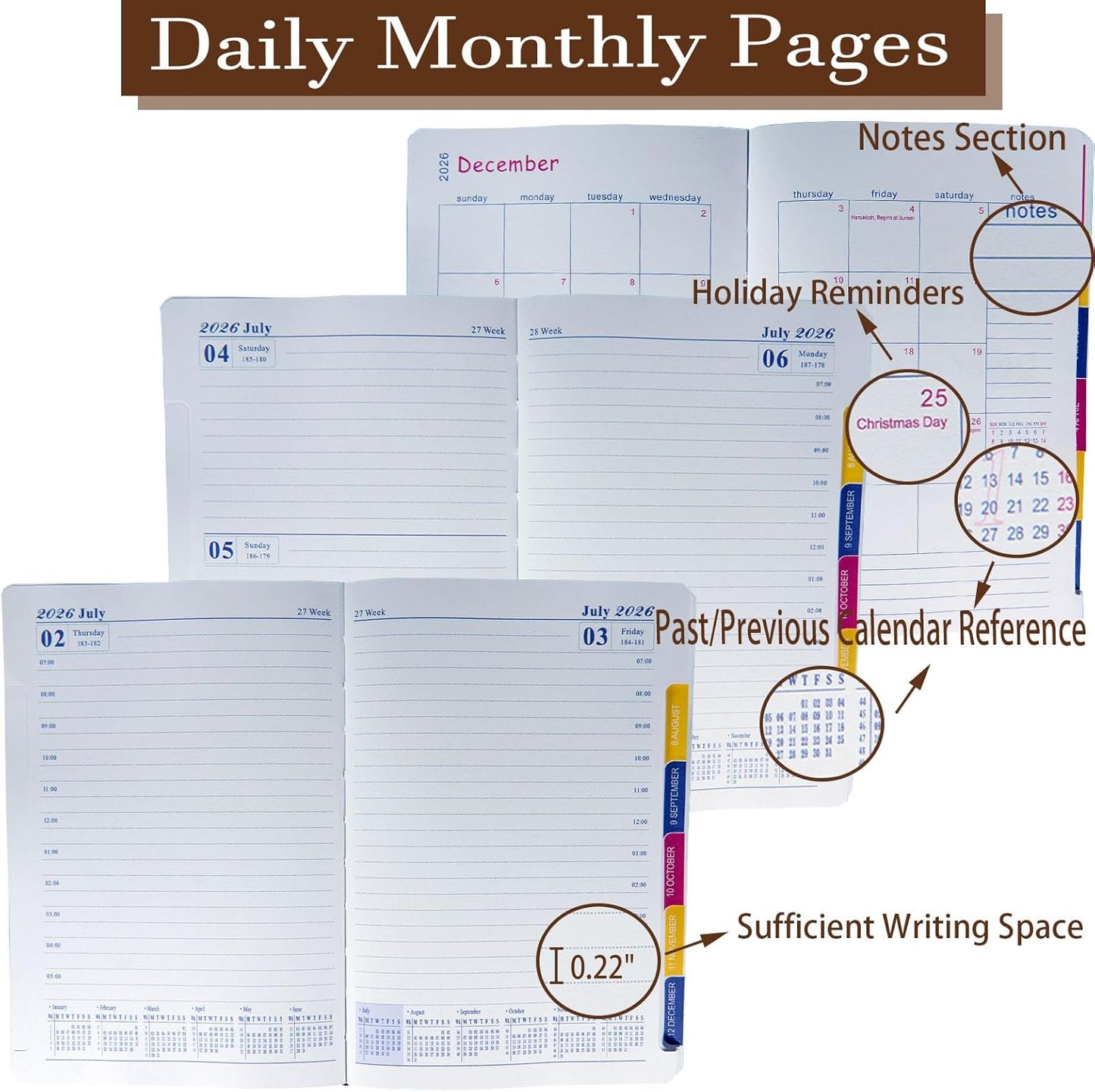 2026 Daily Monthly Planner - Calendar, January - December 2026, 100GSM Thick Paper, Leather Cover, Planner with Hourly Schedule,6.1" x 8.2", Daily Inside Page - Monthly Inside Page, Pen Holder, Bookmarks (Brown)