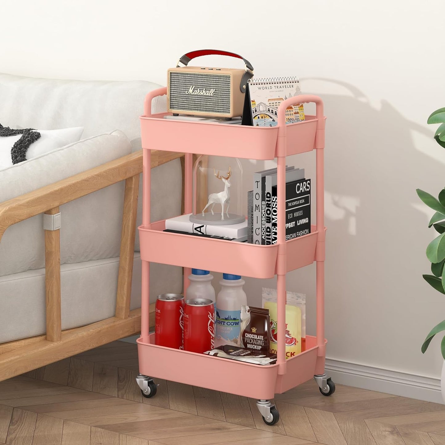 Sywhitta 3-Tier Plastic Rolling Utility Cart with Handle, Multi-Functional Storage Trolley for Office, Living Room, Kitchen, Movable Storage Organizer with Wheels, Pink