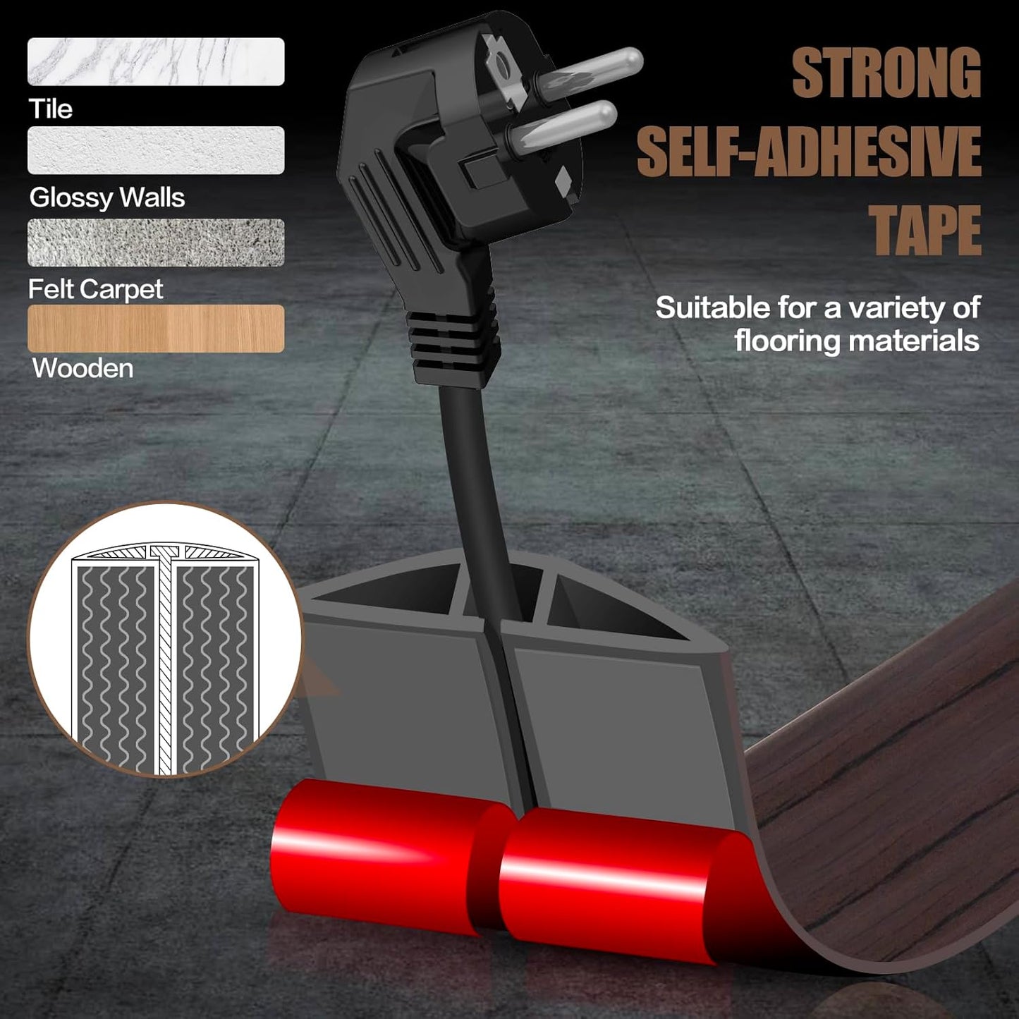 Floor Cord Cover Self Adhesive Cord Hider,3.3FT Cable Management, Extension Strip Protector for Wires, Prevent Cable Trips for Offices, Gyms, Exhibitions Cavity:0.39"(W) x 0.27"(H) Black Wood