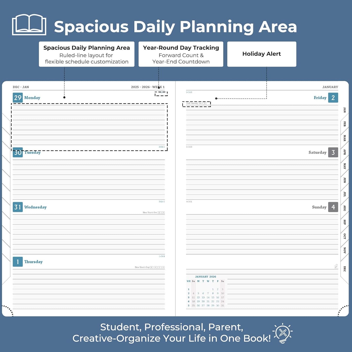 Planner 2026 Daily Weekly and Monthly,11.5"x8.5",12 Months Spiral Bound Calendar Agenda with Self-adhesive Pen Holder,2026 Appointment Book with Vegan Leather Soft Cover,Blue