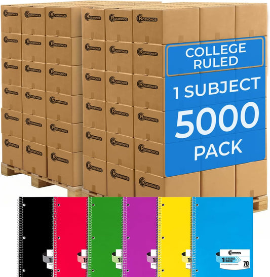 5000 Packs (Pallet) 1 Subject Notebooks, Spiral Notebook Bulk, College Ruled, 70 Sheets (140 pages), 8 x 10-1/2", Bulk Spiral Notebooks for School Districts & Office, 4-7 Days Transit