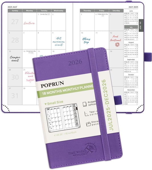 POPRUN Pocket Monthly Planner 2025-2026 (Pocket- 4''x 6.25''Soft Leather Cover) - 18 Month Calendar Book for Purse (Jul.2025-Dec.2026), 100 GSM Thick Paper - Purple