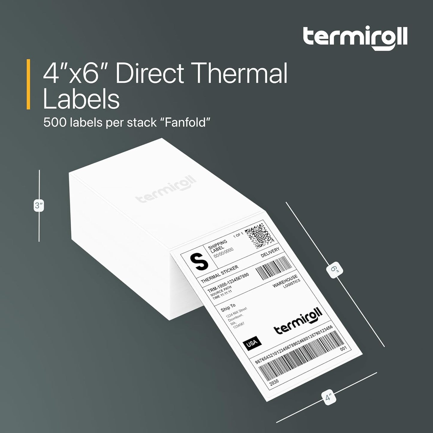 4x6 Direct Thermal Shipping Labels – 500 Fanfold Labels Perforated – Compatible with Rollo, Zebra, iDPRT & More – Strong Adhesive - BPA-Free – Mailing & Barcode Labels for Small Business by TERMIROLL