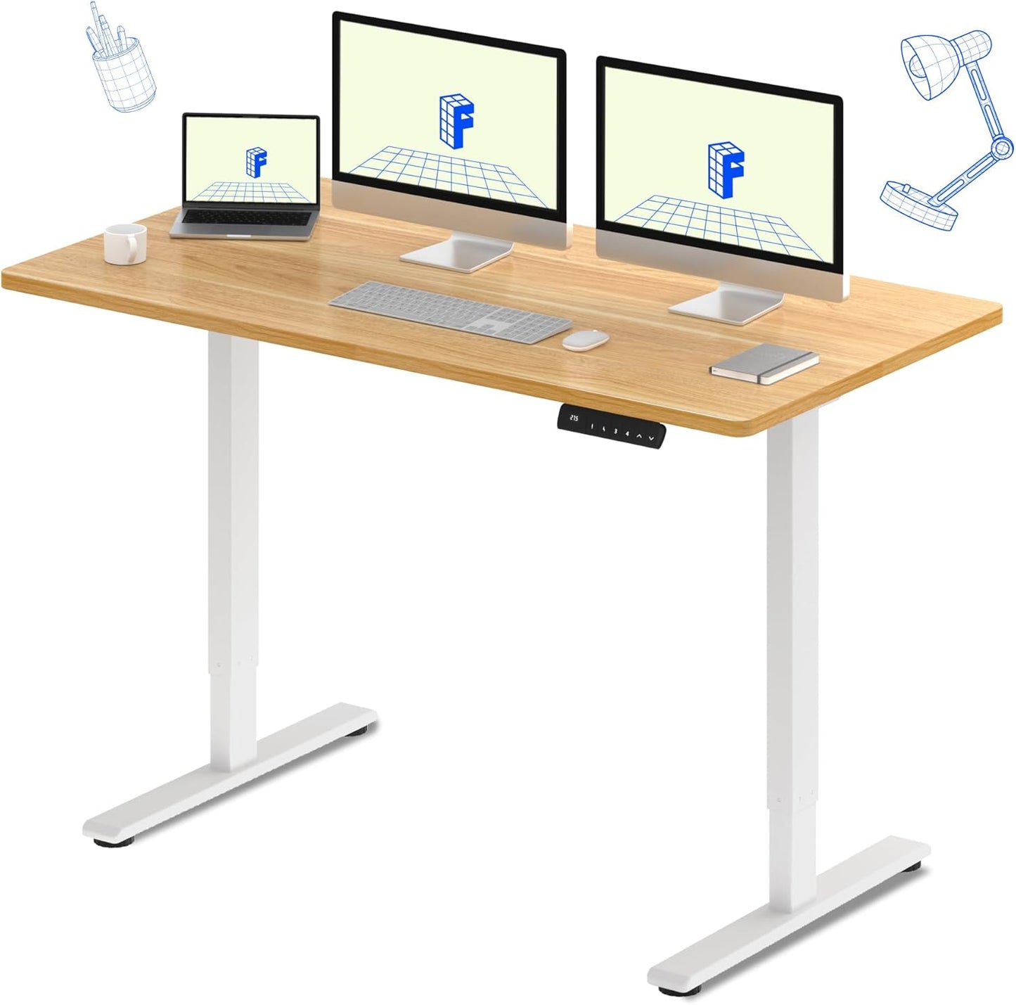 FLEXISPOT E3 Dual Motor Electric Standing Desk 60x24 Inch Whole-Piece Board Height Adjustable Electric Sit Stand Desk (White Frame + Maple Desktop, 2 Packages)