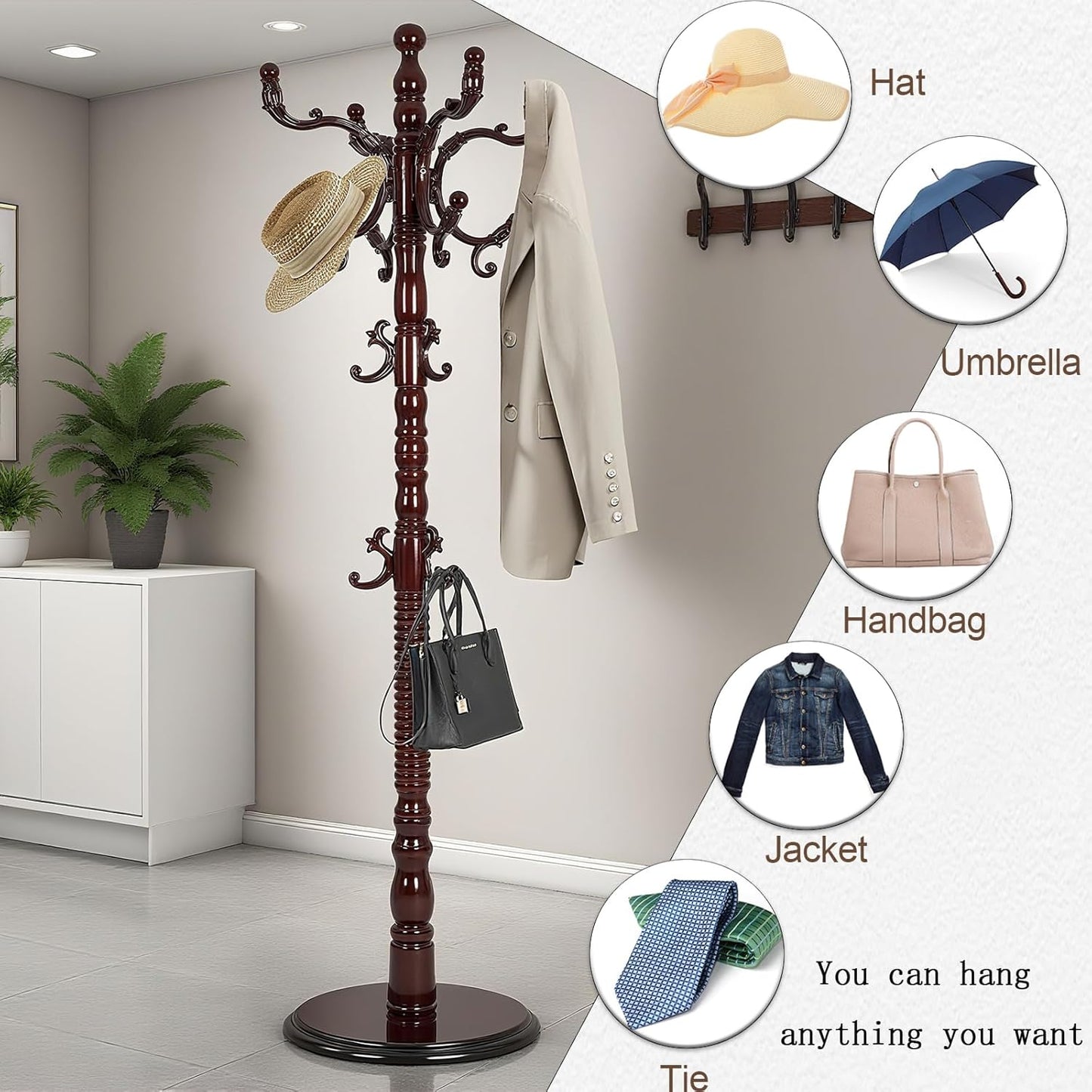 Vintage Wooden Coat Rack Free Standing,14 Hooks, 3-Level Adjustable Height, 73-Inch Retro Coat Rack Stand, Suitable for Entryway, Living Room, Office and Bedroom (Mahogany)