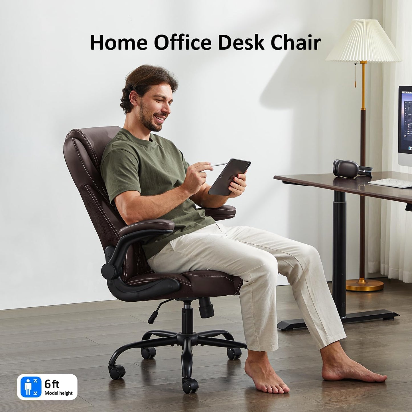 Office Chair, Executive Leather Chair Home Office Desk Chairs, Ergonomic Computer Desk Chair with Adjustable Flip-Up Arms, Lumbar Support Swivel Task Chair with Rocking Function (Brown)