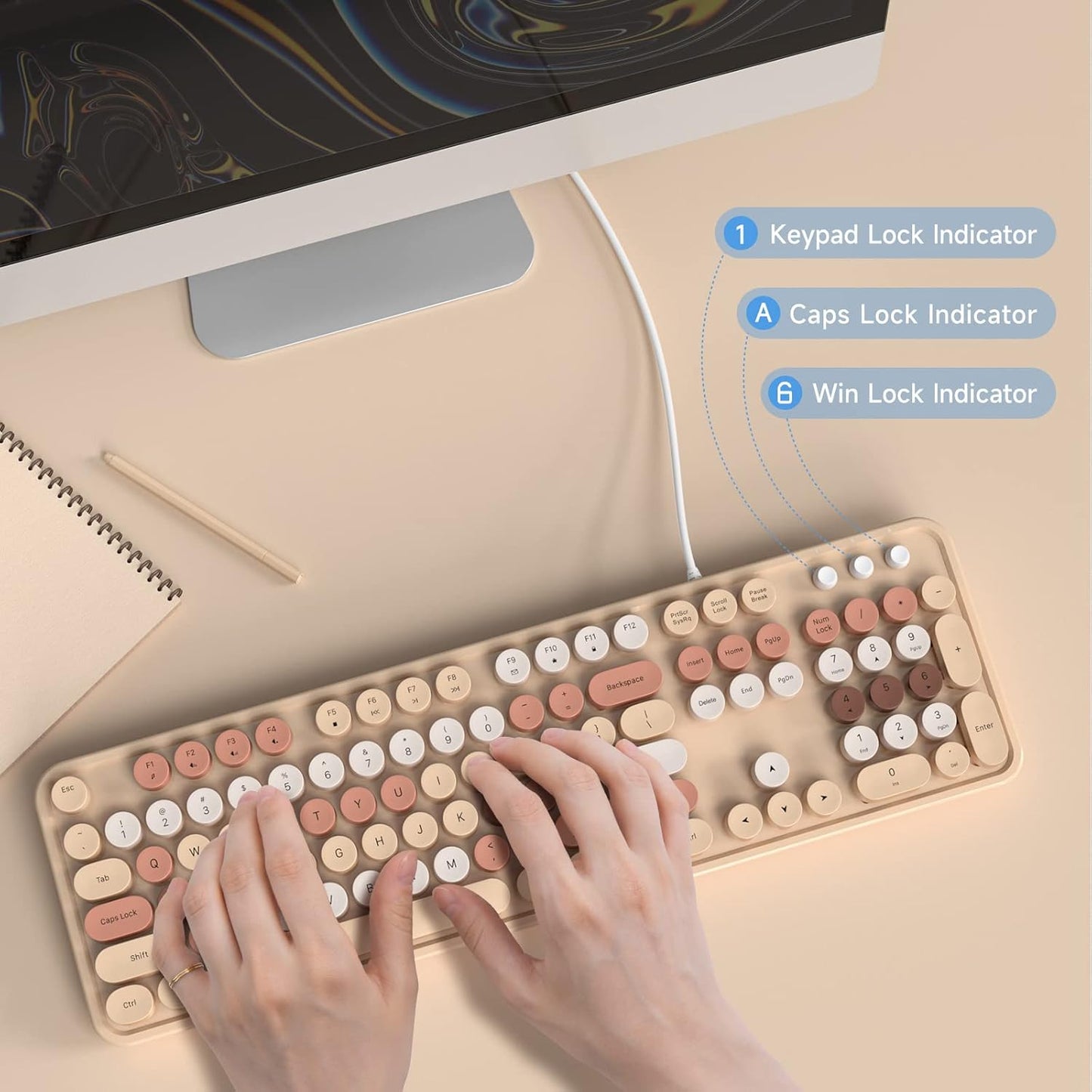 Computer Wired Keyboard, Plug Play USB Full-Size Keyboard with Large Number Pad, Caps Indicators, Foldable Stands, for Windows 7/8/10 PC Laptop (Milk Tea Colorful)