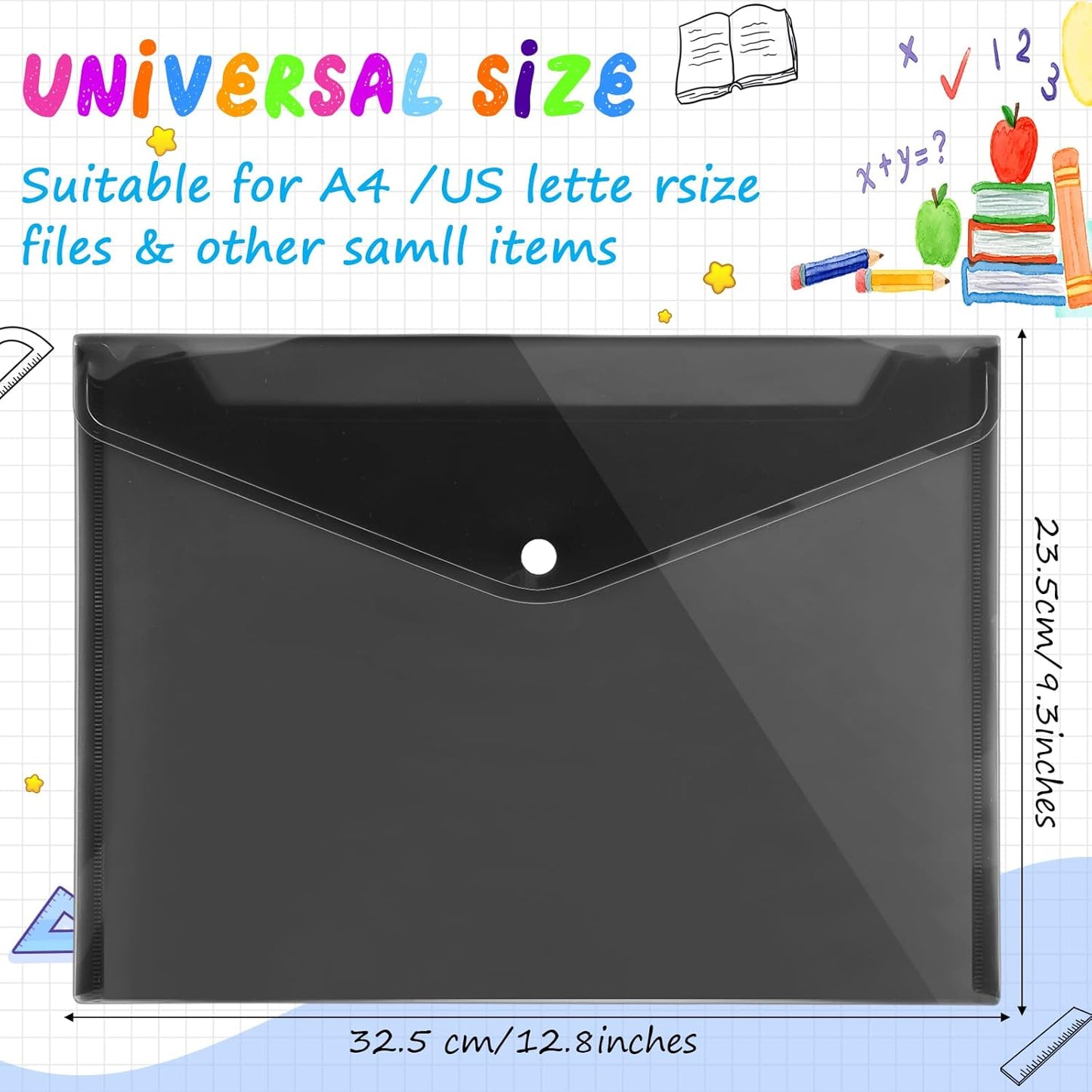 100 Pcs Clear Envelopes with Snap Button Closure Bulk A4 Letter Size Clear Plastic Envelope Folder Document Organizer File Folders for Office Home(Black)