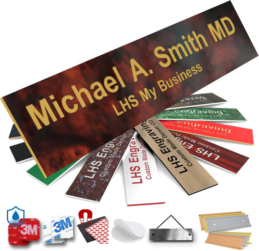 Engraved Name Plates for Door Sign Personalized Burlwood Plastic Plaque with Gold Letters - Made in USA 2x8 N2