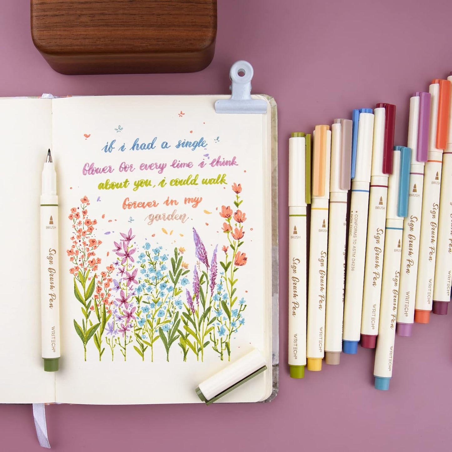 WRITECH Arts Sign Brush Pen Brush Tip Marker Felt Tip Water Based Ink Color Pens 12 Assorted Vintage Colors Great for Lettering Journaling Calligraphy (Vintage)