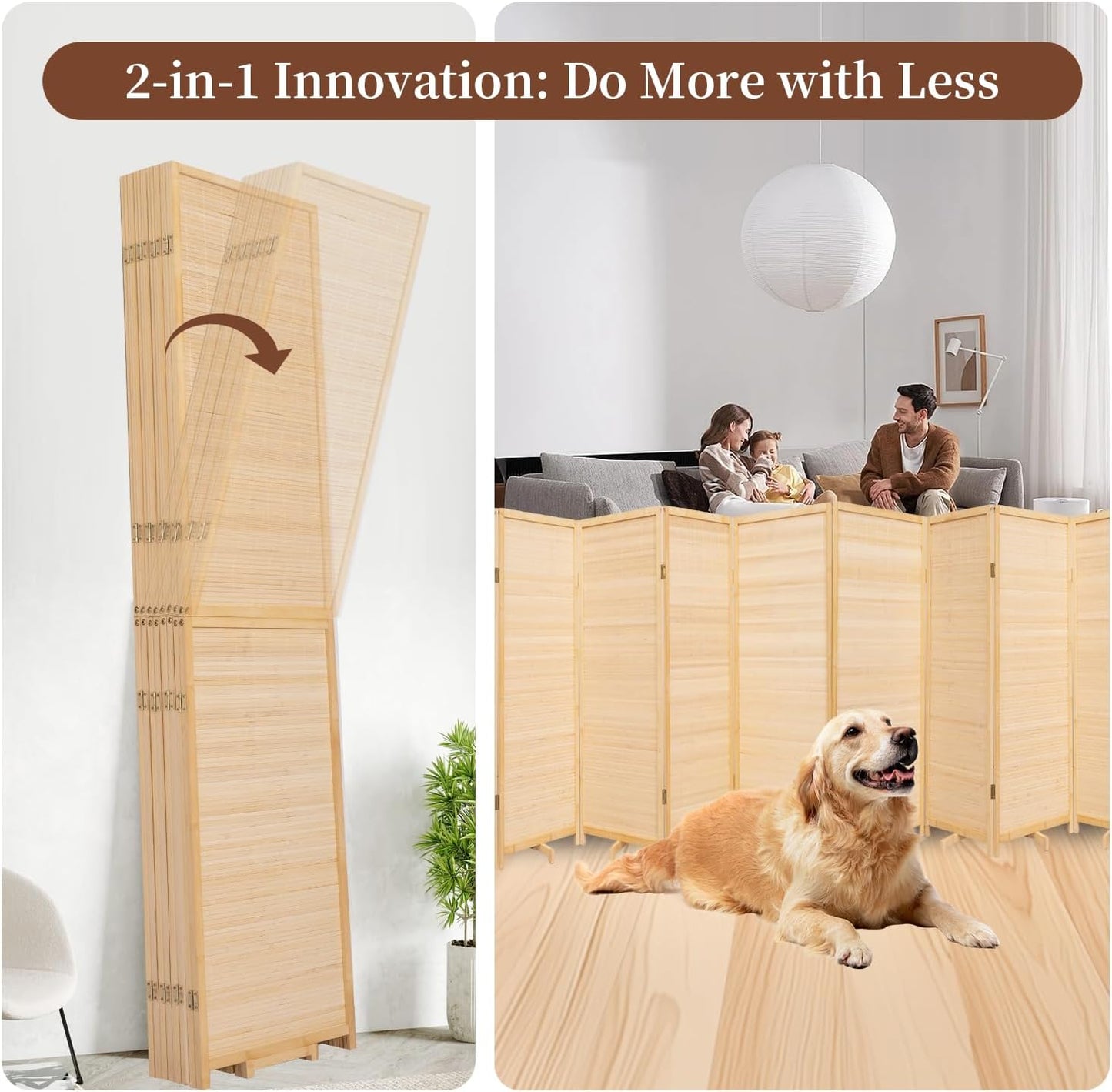 Bamboo Room Divider 8 Panel Wall Divider, 142'' W x 67'' H Folding Design with Extra Stable Base, 100% Bamboo Room Divider Screen for Room Separation, Chinese Room Partitions and Dividers Freestanding