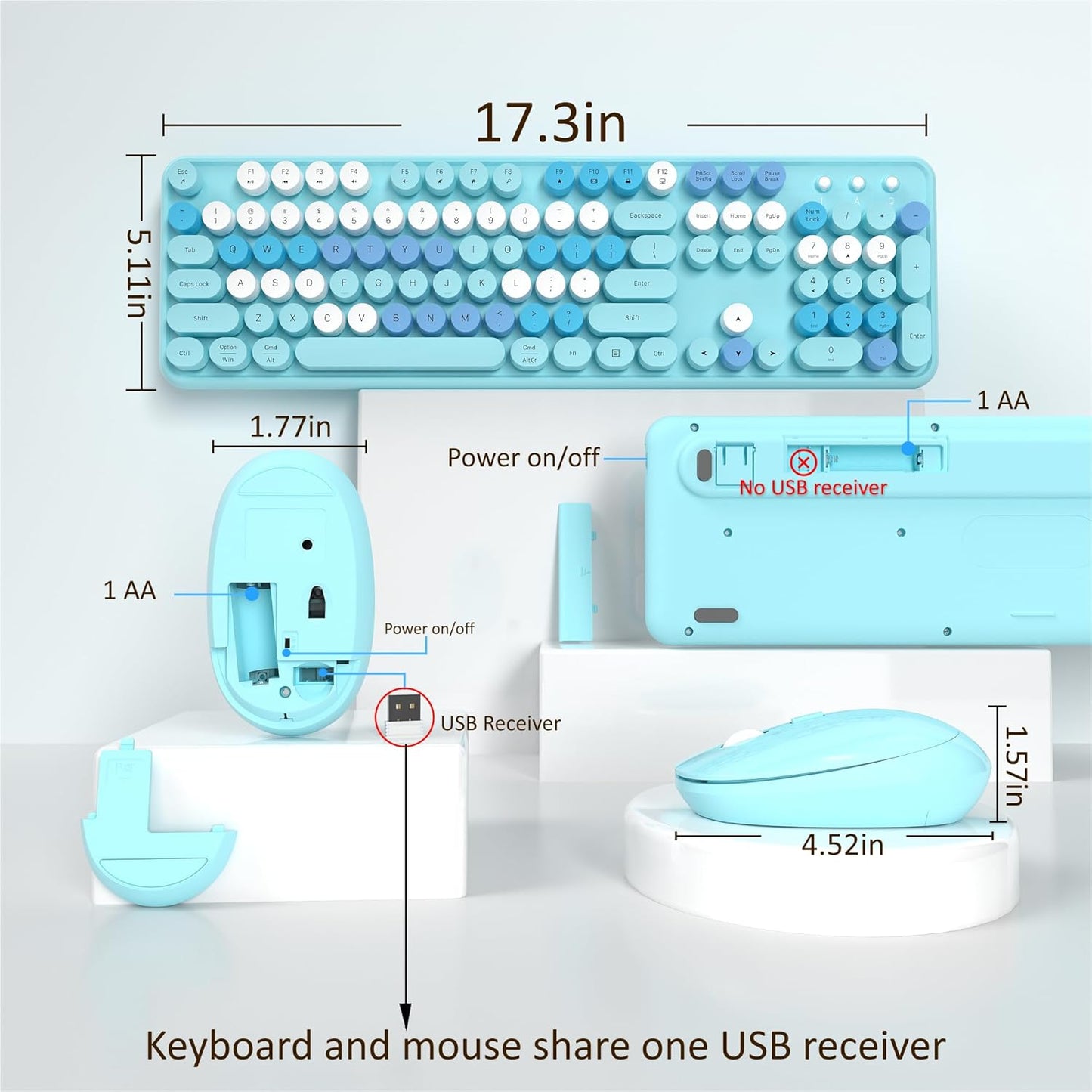 Wireless Keyboard and Mouse, Full-Size Retro Typewriter Keyboard with Round Keycaps, 2.4GHz for Windows, Mac, Laptop, PC, Desktop (Blue Colorful)