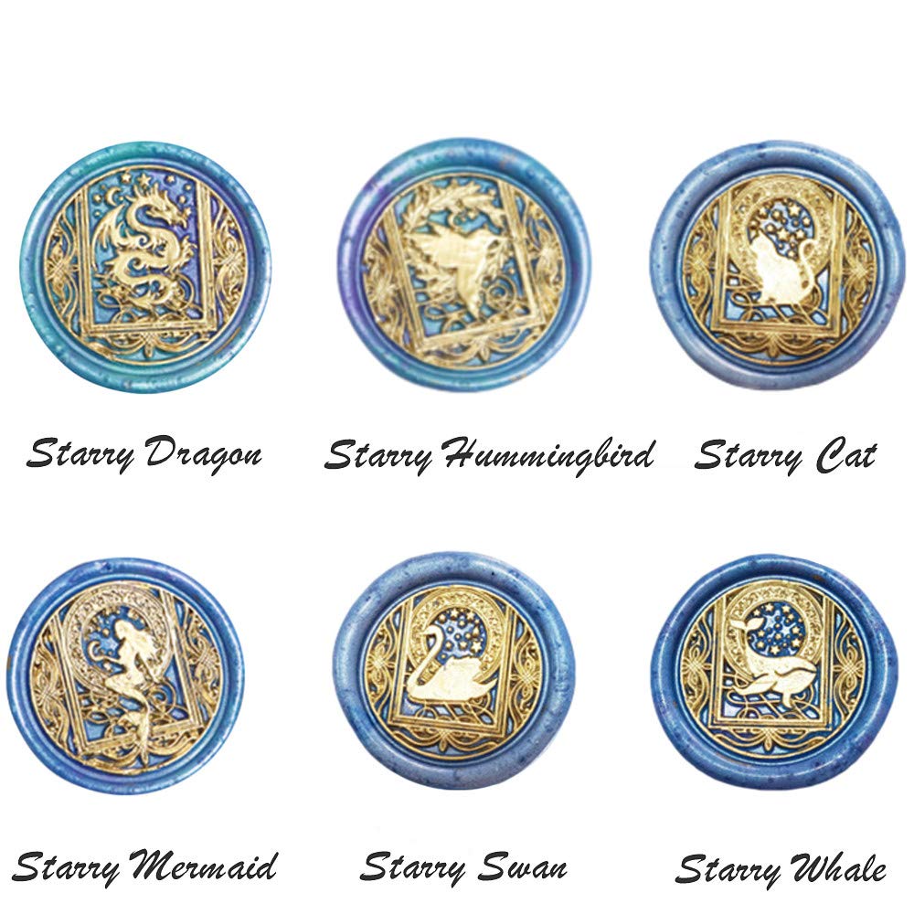 Wax Seal Stamp kit, ANBOSE Starry Animal Wax Seal Stamp Set with 6 PCS Removable Brass Heads and 1 Wooden Handle, Retro Vintage Dragon Mermaid Swan Hummingbird Cat Whale Sealing Wax Stamp for Craft