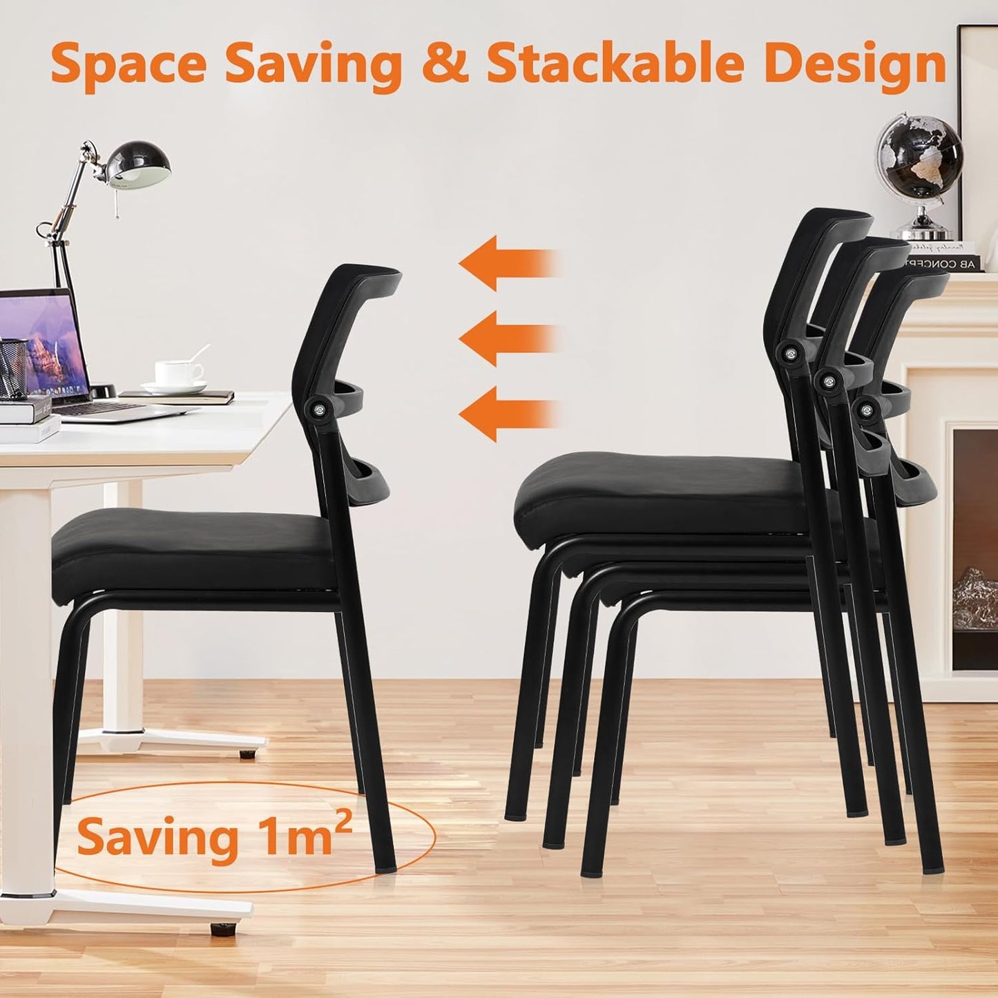 CLATINA Stackable Waiting Room Chair with Adjustable Mesh Backrest, Armless Office Guest Reception Chairs with Leather Cushion and Ergonomic Lumbar Support for Conference Lobby Side School, Black