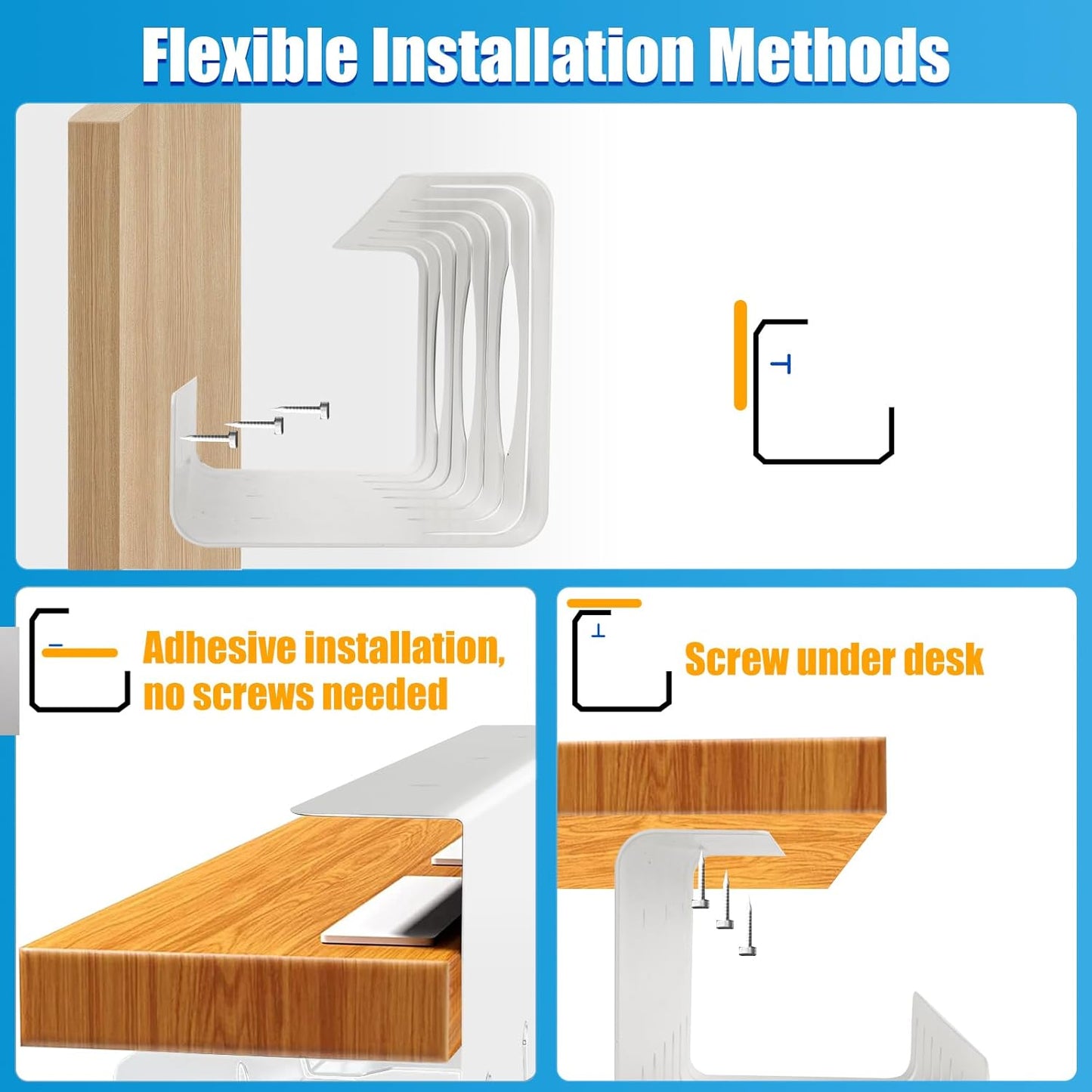 2 Pack Under Desk Cable Management Tray, 17" Wire Organizer for Power Strip, No Drill or Screw Mount, Easy Install Cord Raceway for Desk & Home, White