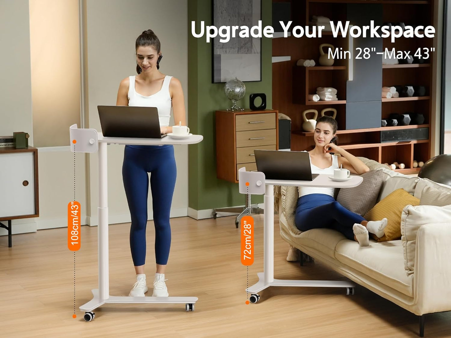 Rolling Desk Adjustable Height with Drawer and Wheels, Portable Small Standing Desk Pneumatic for Home Office, Mobile Computer Laptop Cart, Medical Sofa Overbed Table, White