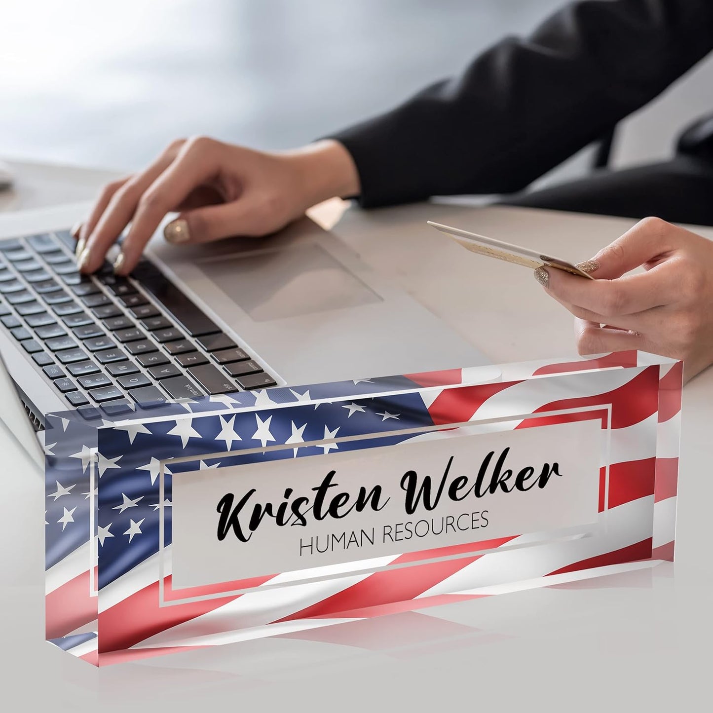 Desk Name Plate Personalized, Custom Name Plates for Desks, Premium Flag Acrylic Desk Name Plate, Office Desk Decor for Women or Men Coworkers, Boss, Employee, Teacher (Flag1)