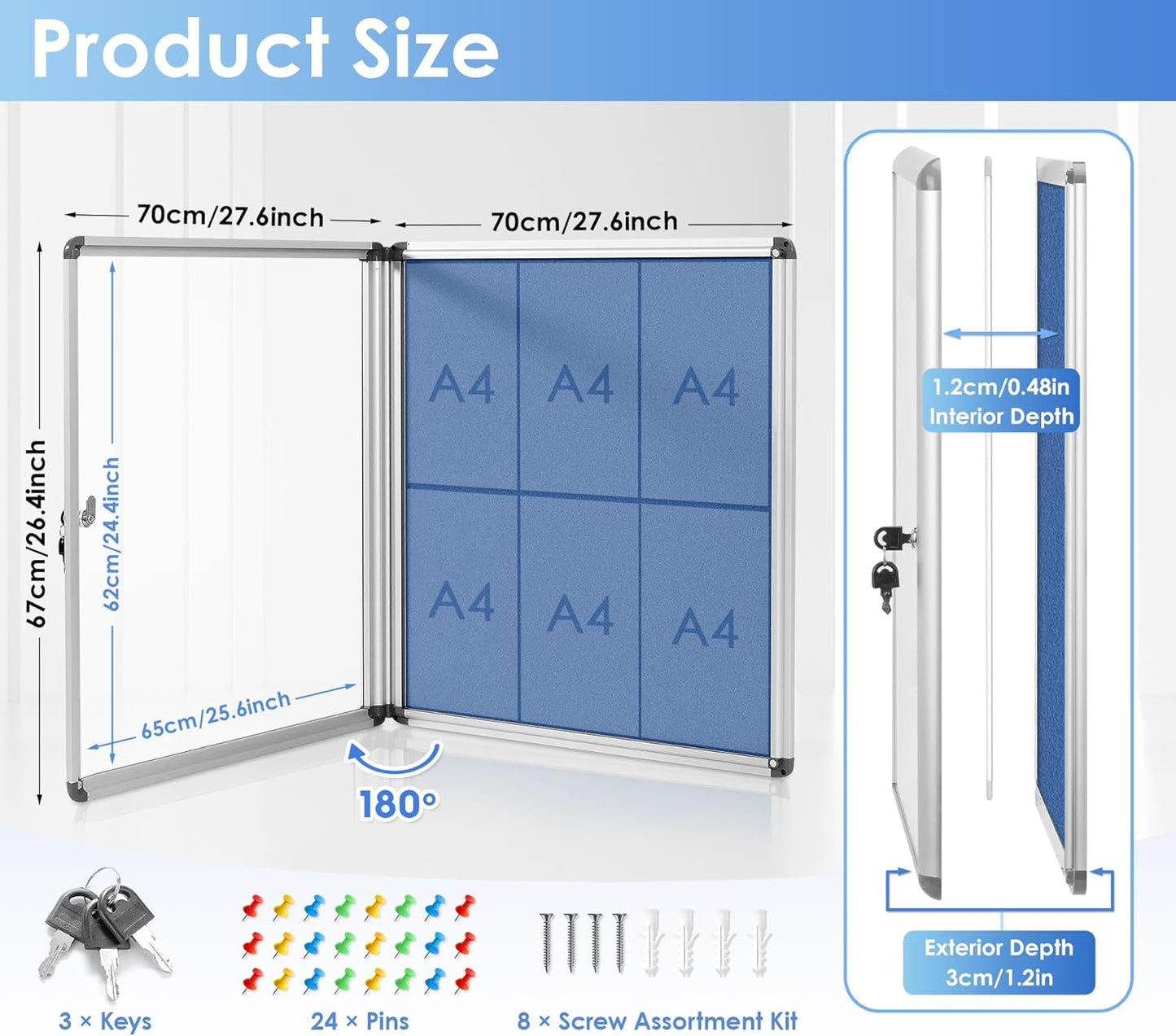 Swansea Blue Fabric Lockable Noticeboard Enclosed Pin Bulletin Board Glass Display Case for Wall Office School 6xA4
