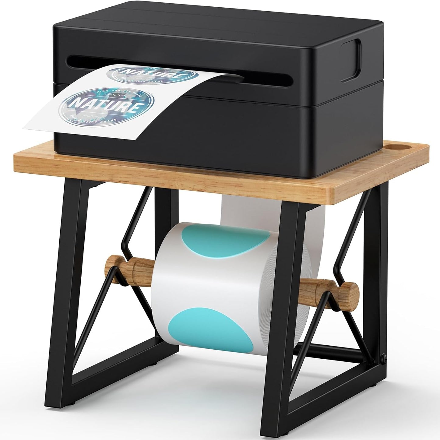 Label Holder for Rolls and Fan-fold Labels, Wooden Label Stand for Shipping Label Printer, Sticker Roll Holder Thermal Printer Accessory for Home, Office