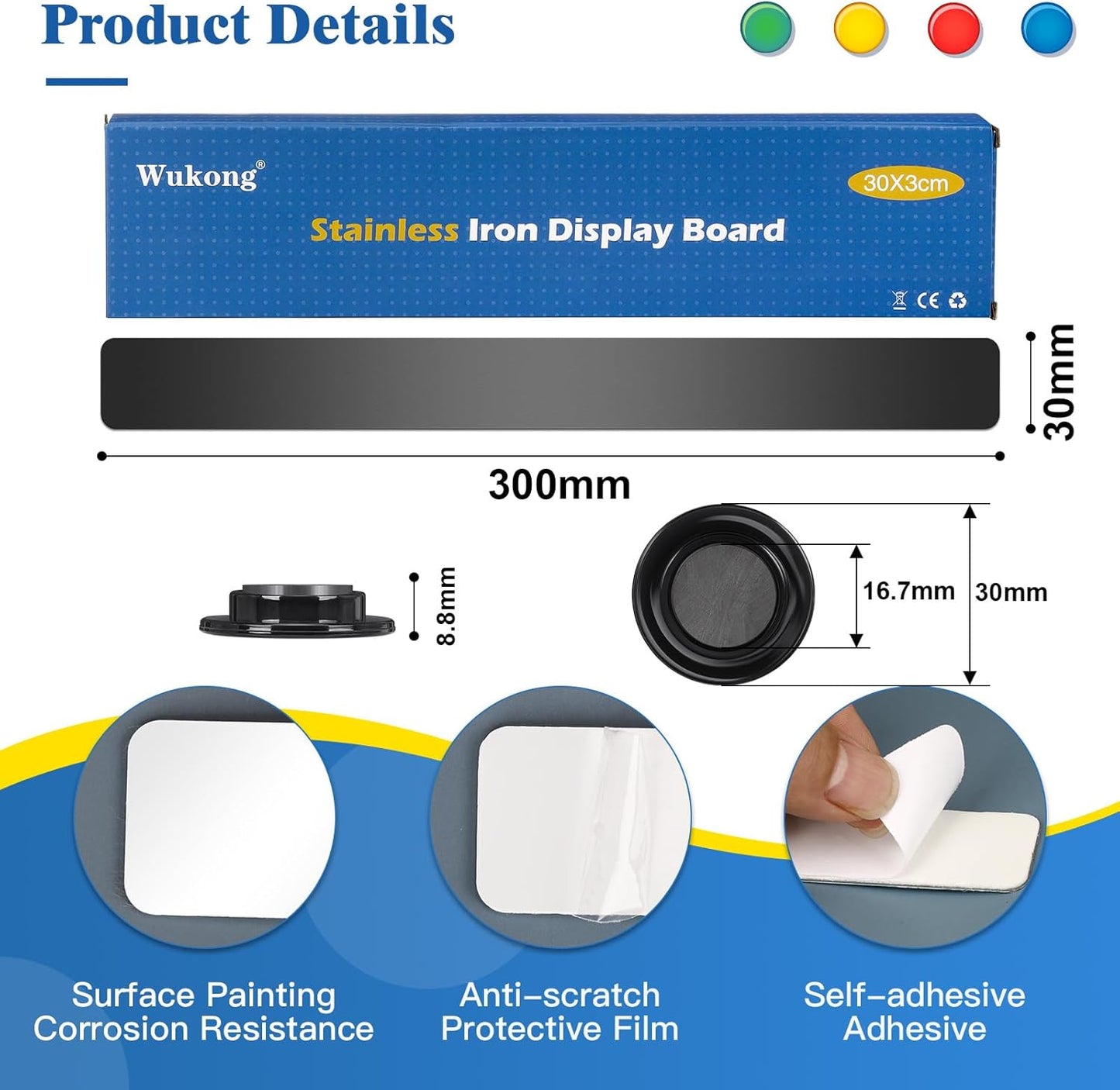 Wukong 6 Pack | 30x3cm(11.81 x 1.18) Magnetic Stainless Black Boards Strips, Adhesive Backing Bulletin Bar Board, Memo Board with 16Pcs Colorful Magnets for Office, Home, Photo Wall, Documents