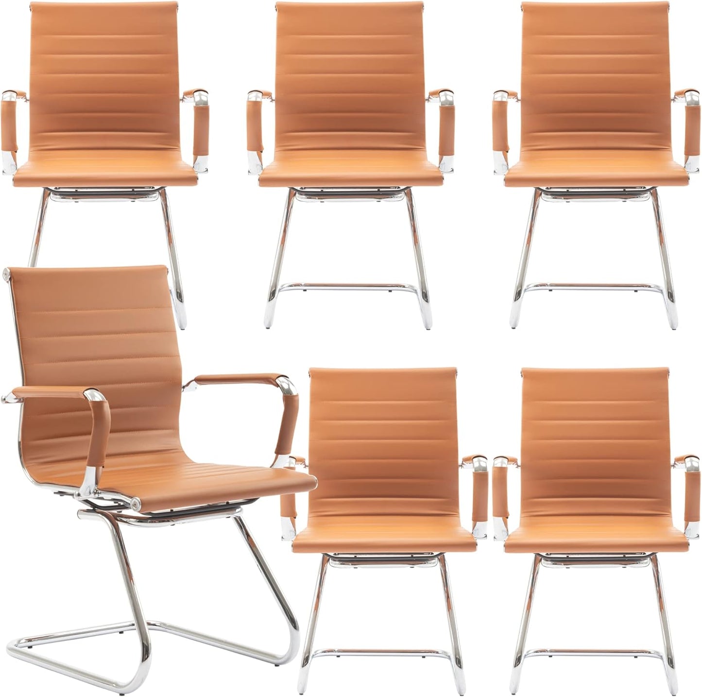 Office Desk Chair No Wheels Set of 6 PU Leather Computer Chairs Mid Back Guest Chairs for School Reception Conference Waiting Room, Terracotta