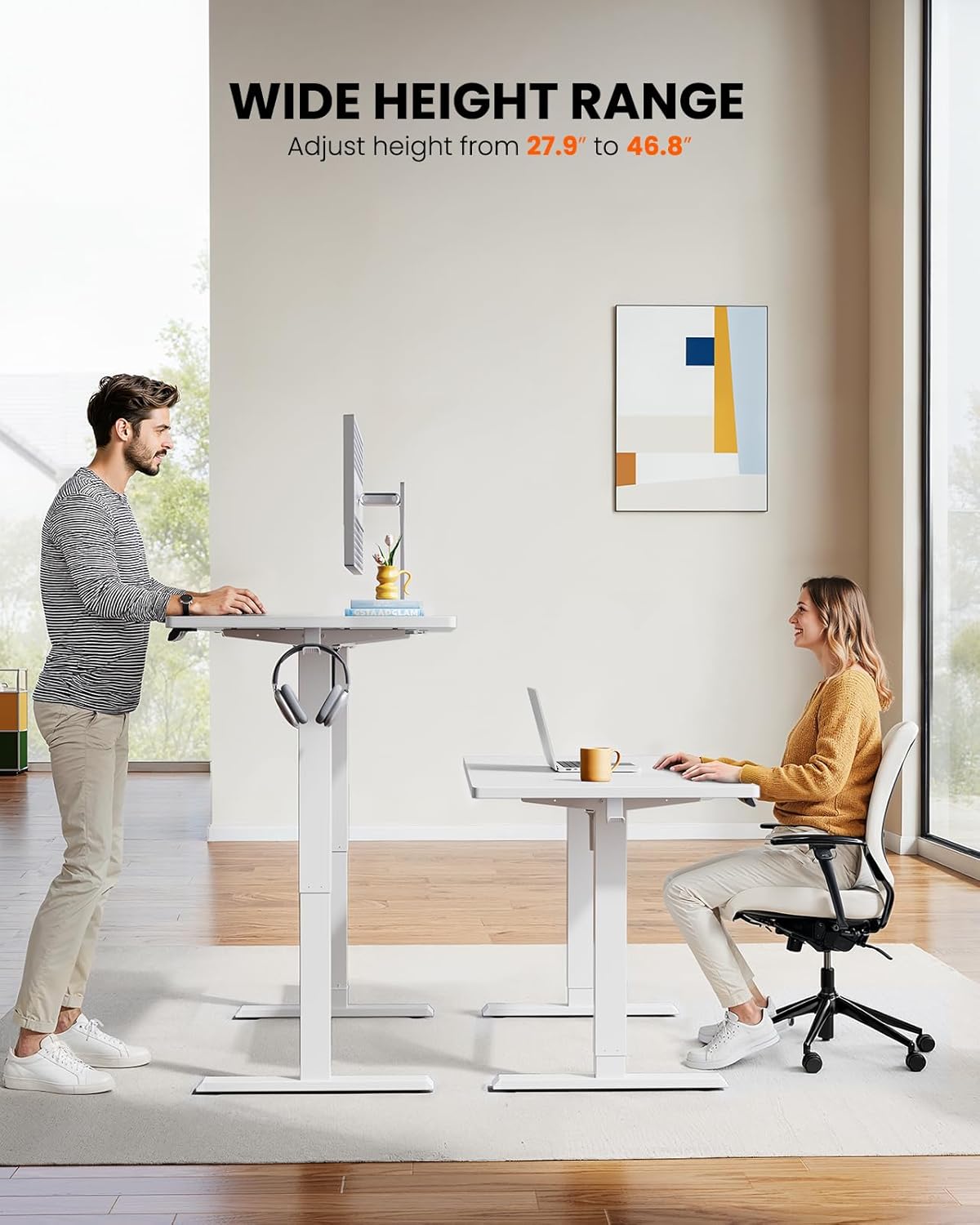 ErGear Electric Standing Desk, 48 x 24 inch Height Adjustable Sit Stand Up Desk, Computer Home Office Desk with 4 Memory Height Buttons, Two Pieces Desktop, White, EGESD110W