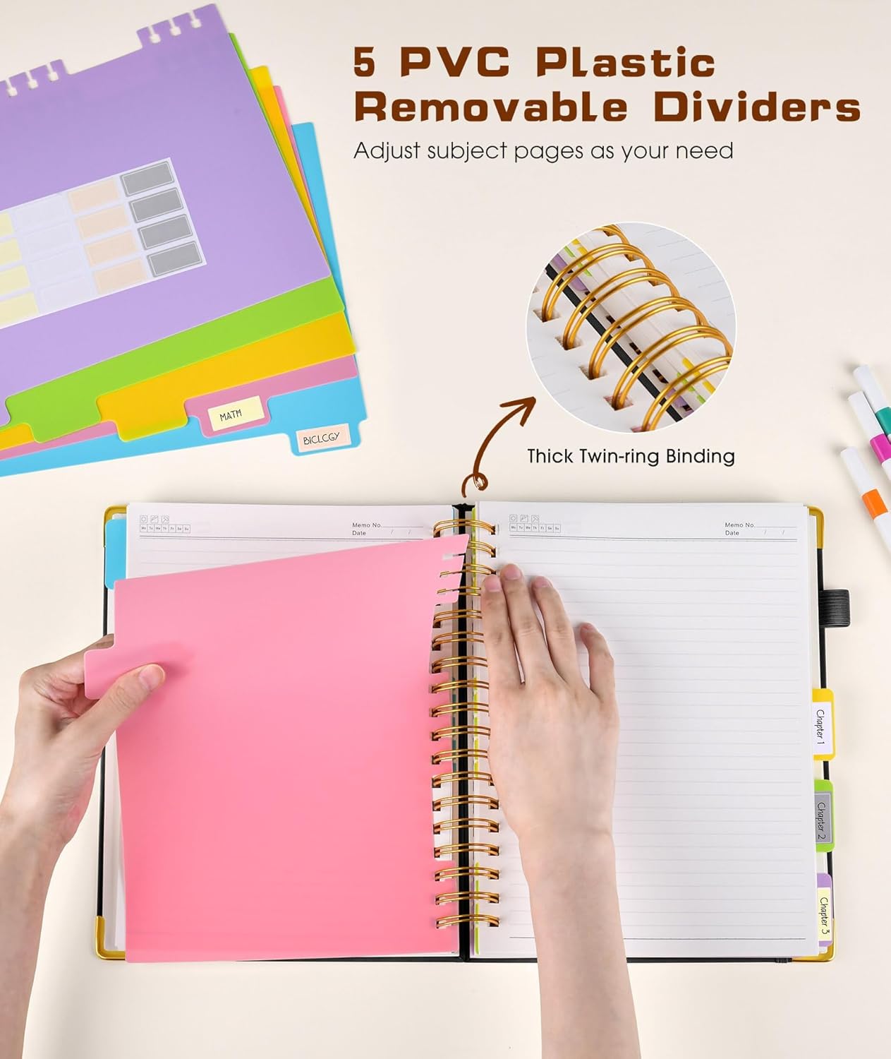 Hardcover Spiral Notebook journal with Removable Dividers Tabs, 300 Pages Leather 5 Subject Notebook College Ruled, 100GMS A5 Notebooks for Work School Note taking,Lined Journal for Women,A5-Black